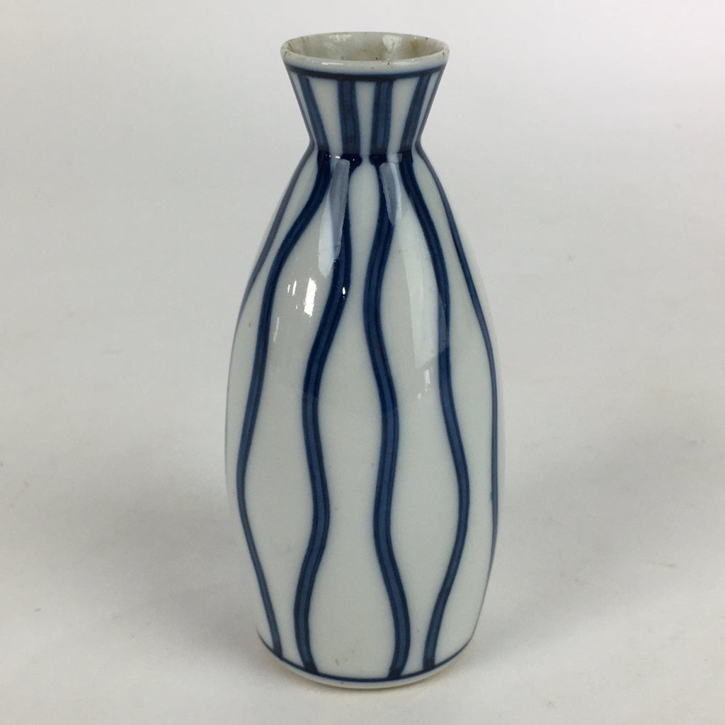 Japanese Porcelain Sake Bottle Vtg Blue Lines Design Tokkuri White TS393