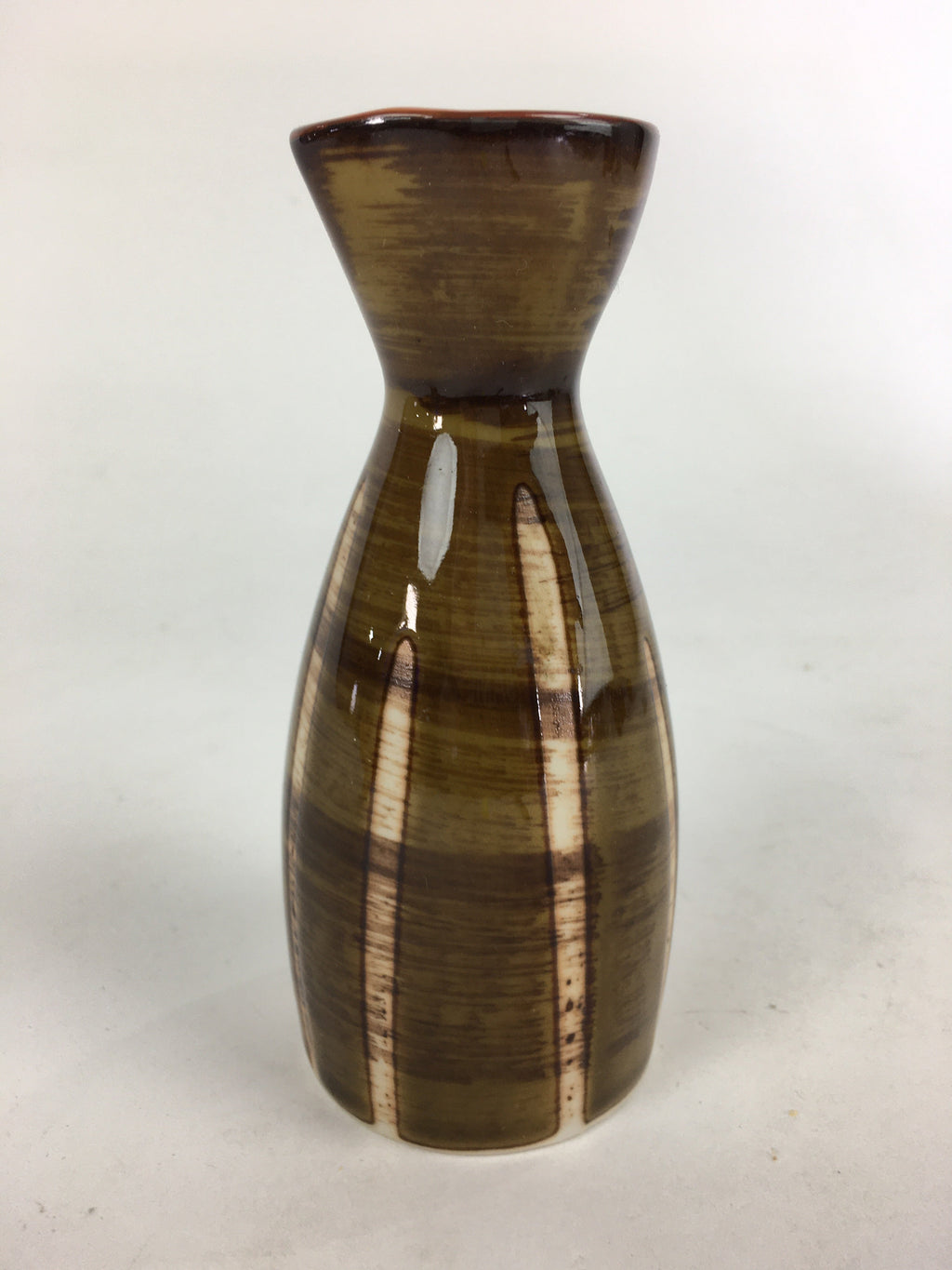 Japanese Porcelain Sake Bottle Vtg Brown White Vertical Line Design Tokkuri TS36