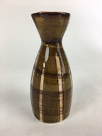 Japanese Porcelain Sake Bottle Vtg Brown White Vertical Line Design Tokkuri TS36
