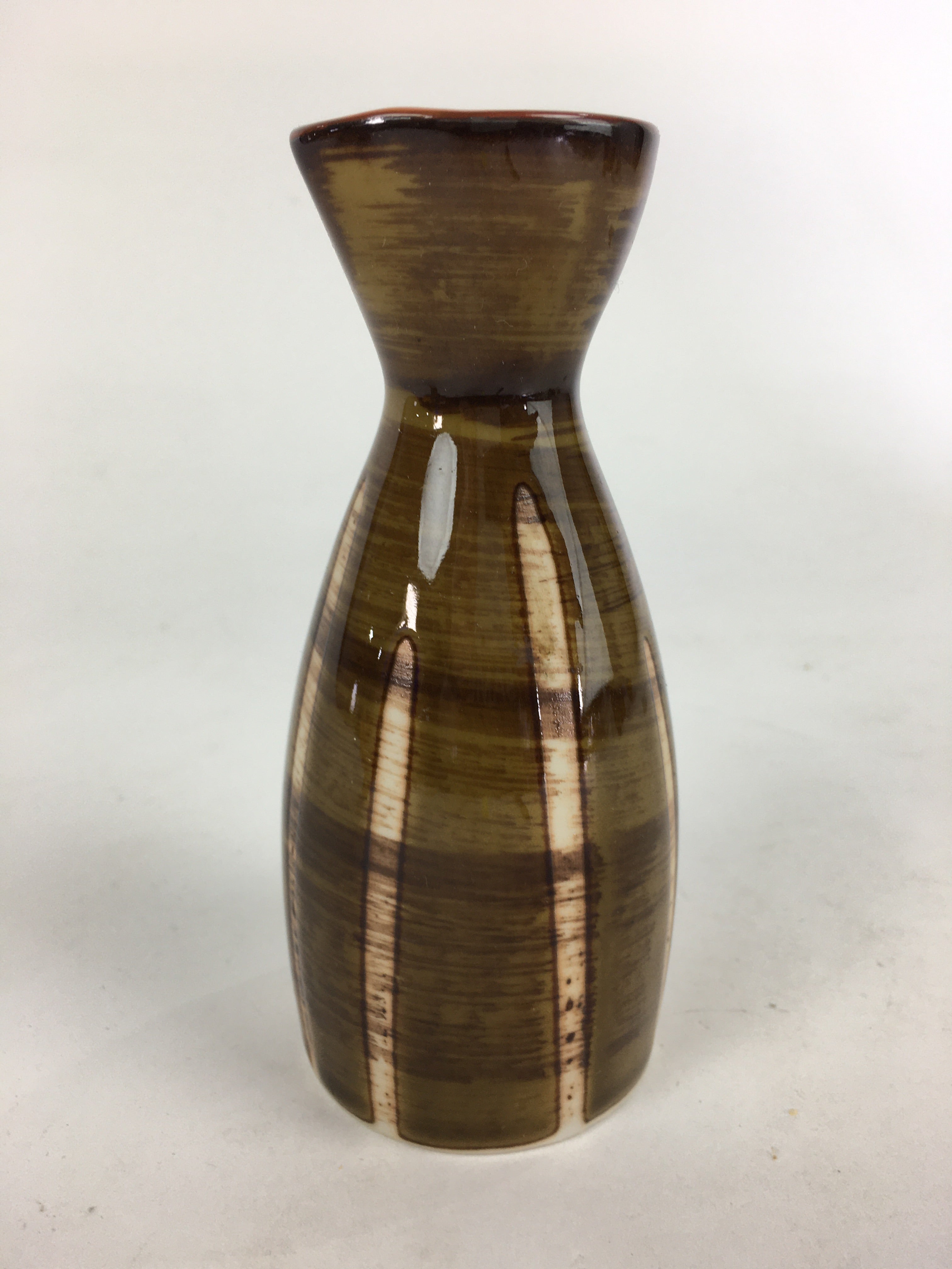 Japanese Porcelain Sake Bottle Vtg Brown White Vertical Line Design Tokkuri TS36
