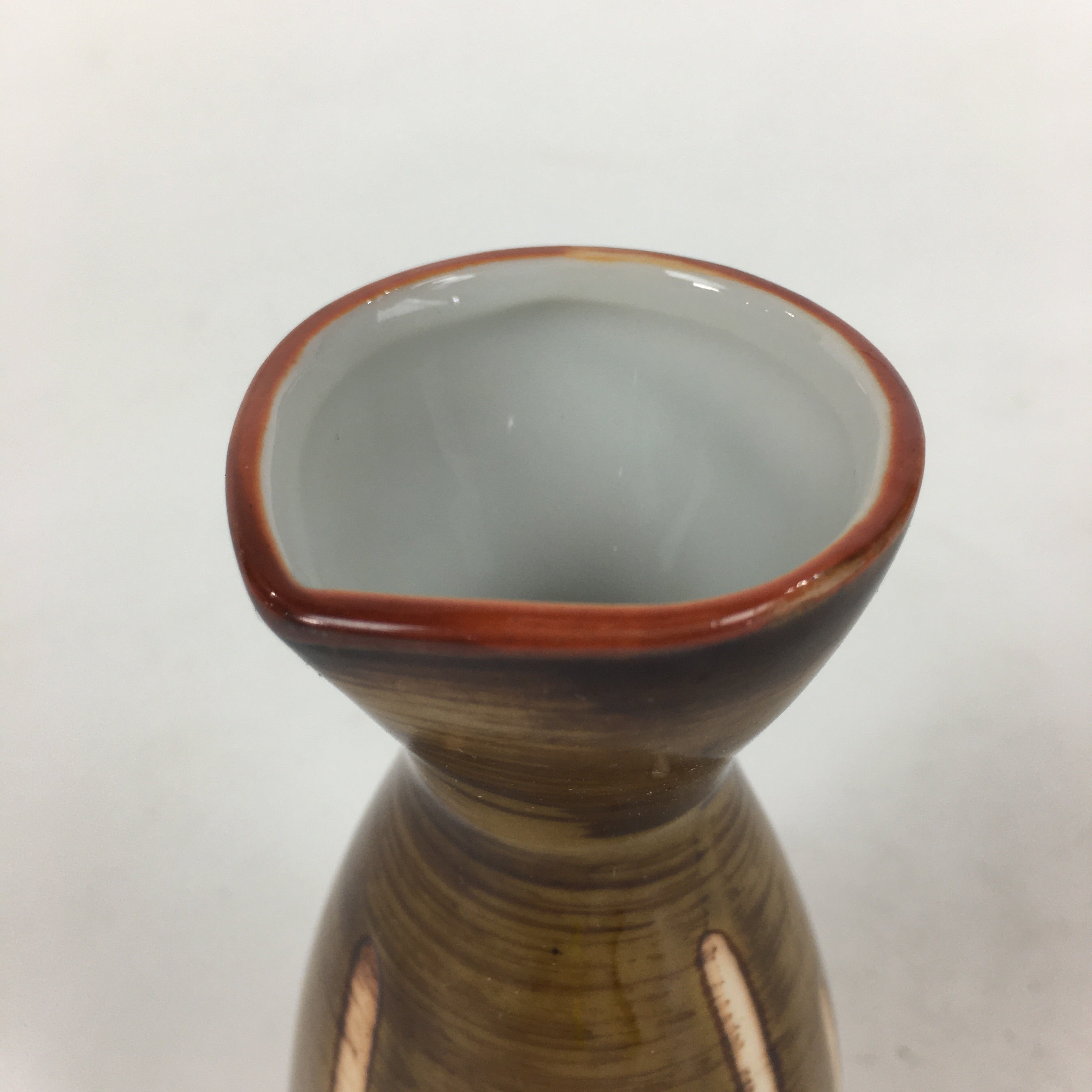Japanese Porcelain Sake Bottle Vtg Brown White Vertical Line Design Tokkuri TS36