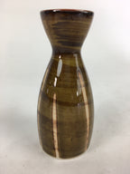 Japanese Porcelain Sake Bottle Vtg Brown White Vertical Line Design Tokkuri TS36
