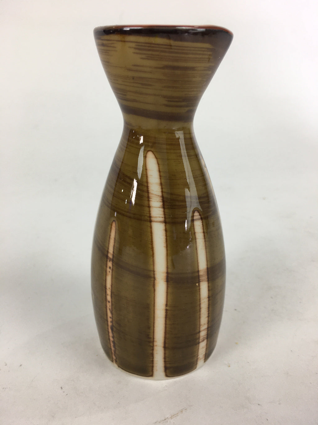 Japanese Porcelain Sake Bottle Vtg Brown White Vertical Line Design Tokkuri TS36