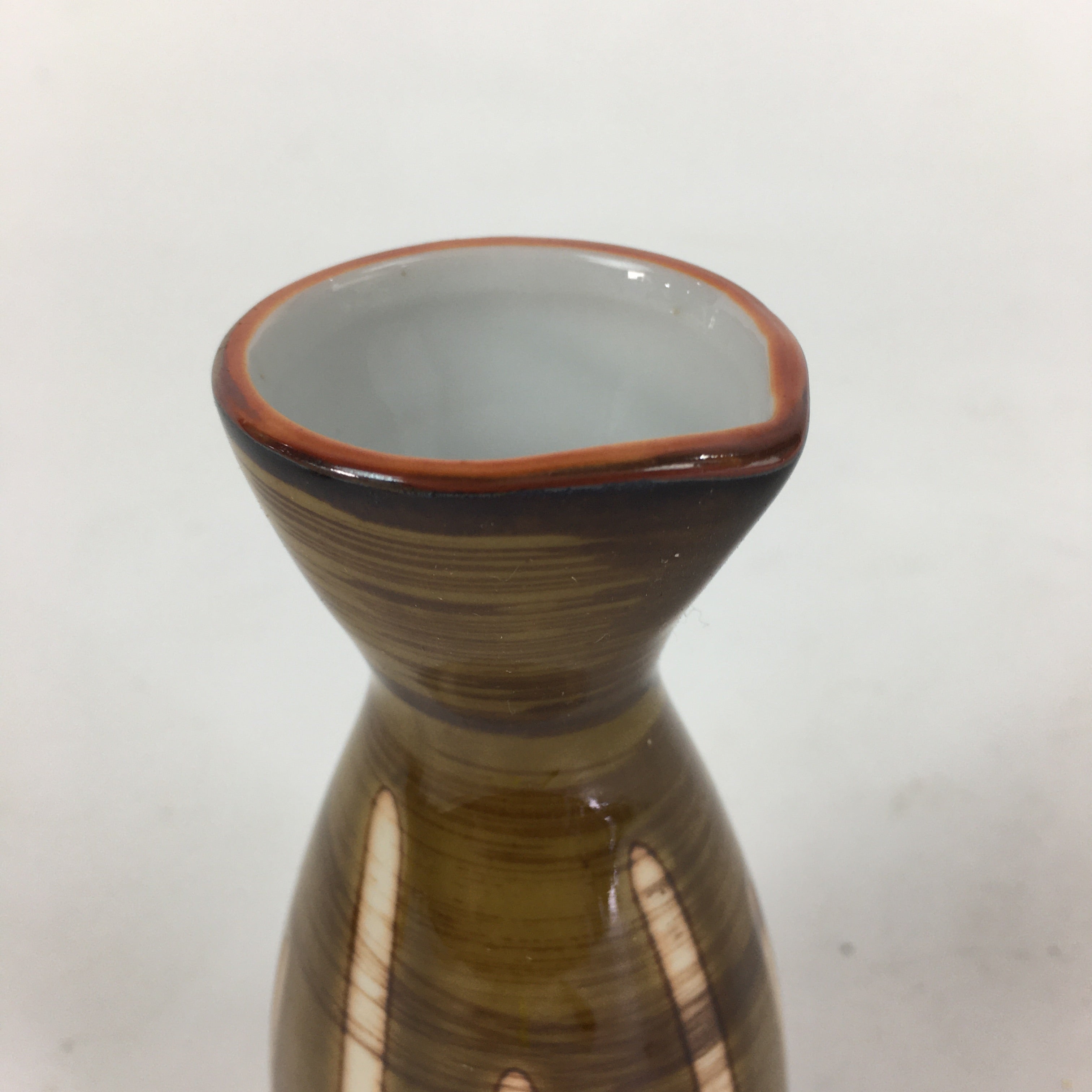 Japanese Porcelain Sake Bottle Vtg Brown White Vertical Line Design Tokkuri TS36