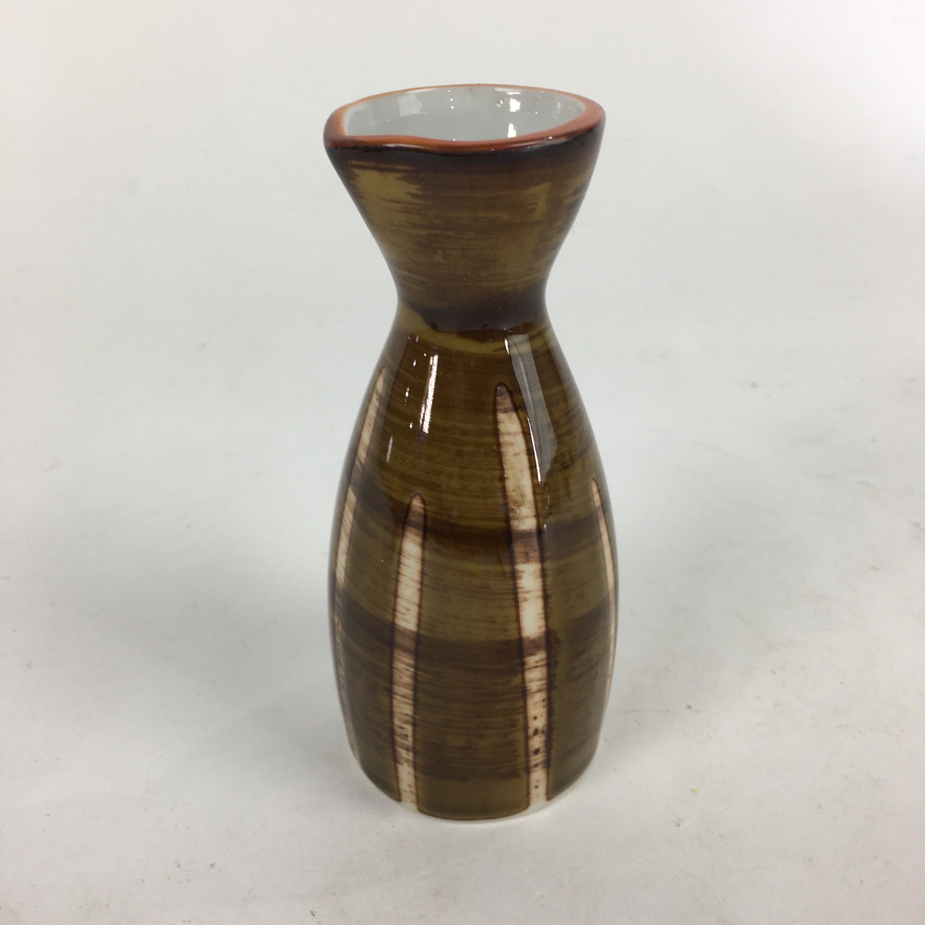 Japanese Porcelain Sake Bottle Vtg Brown White Vertical Line Design Tokkuri TS36