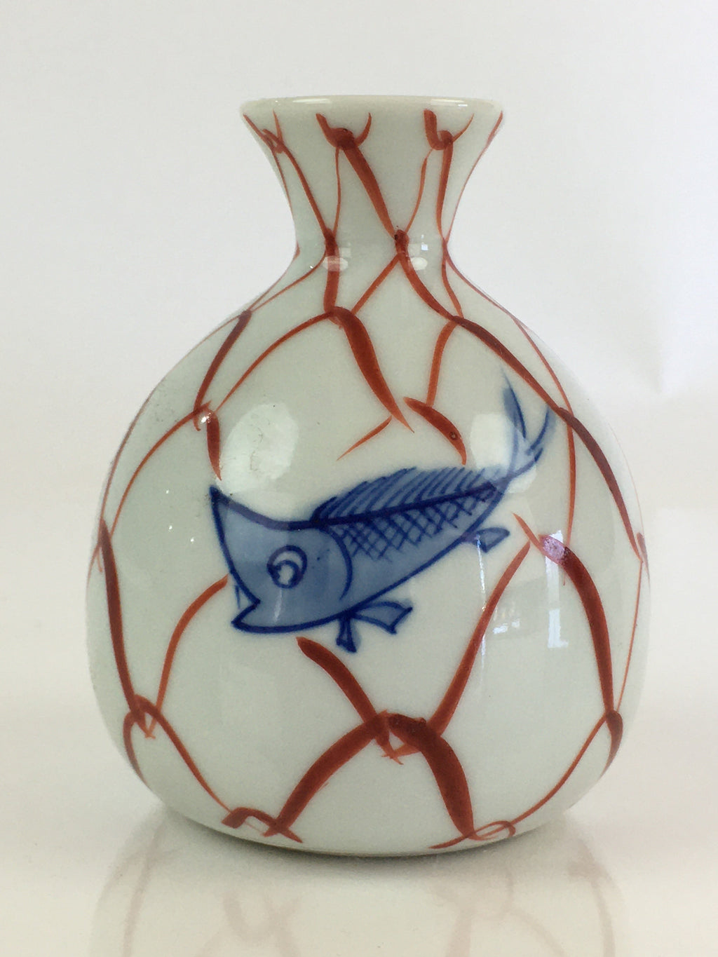 Japanese Porcelain Sake Bottle Vtg Hand Painted Fish Tokkuri White TS433