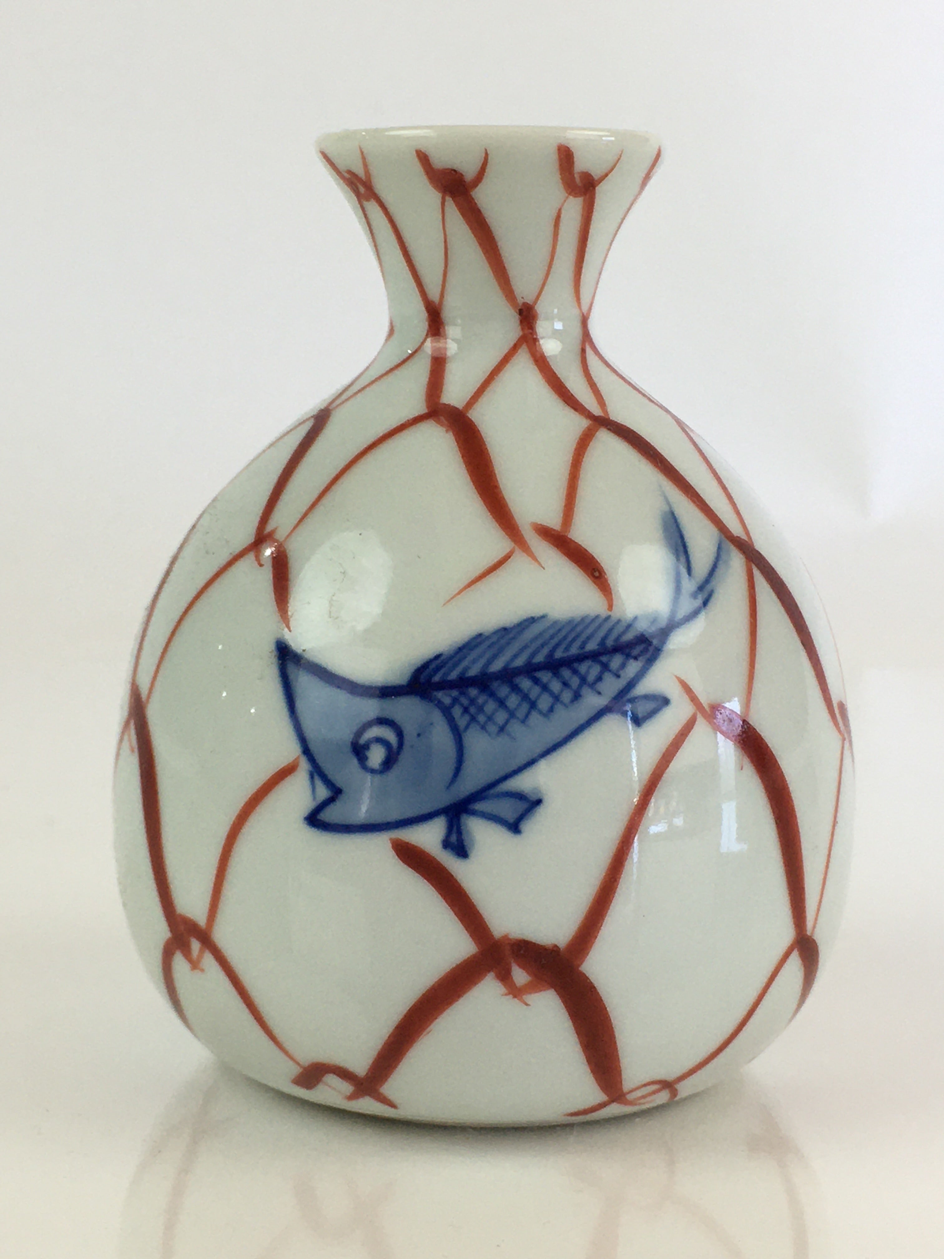 Japanese Porcelain Sake Bottle Vtg Hand Painted Fish Tokkuri White TS433