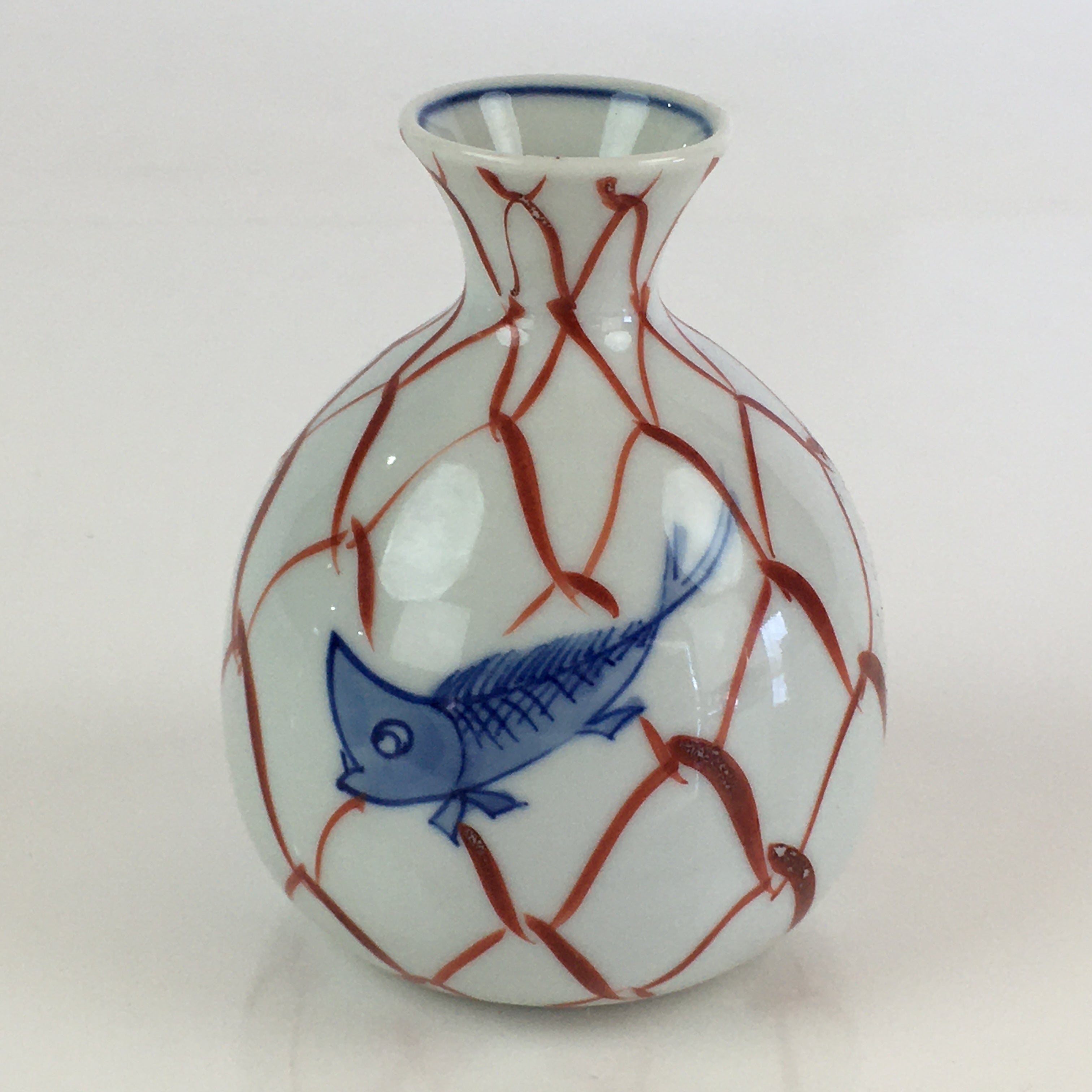 Japanese Porcelain Sake Bottle Vtg Hand Painted Fish Tokkuri White TS433