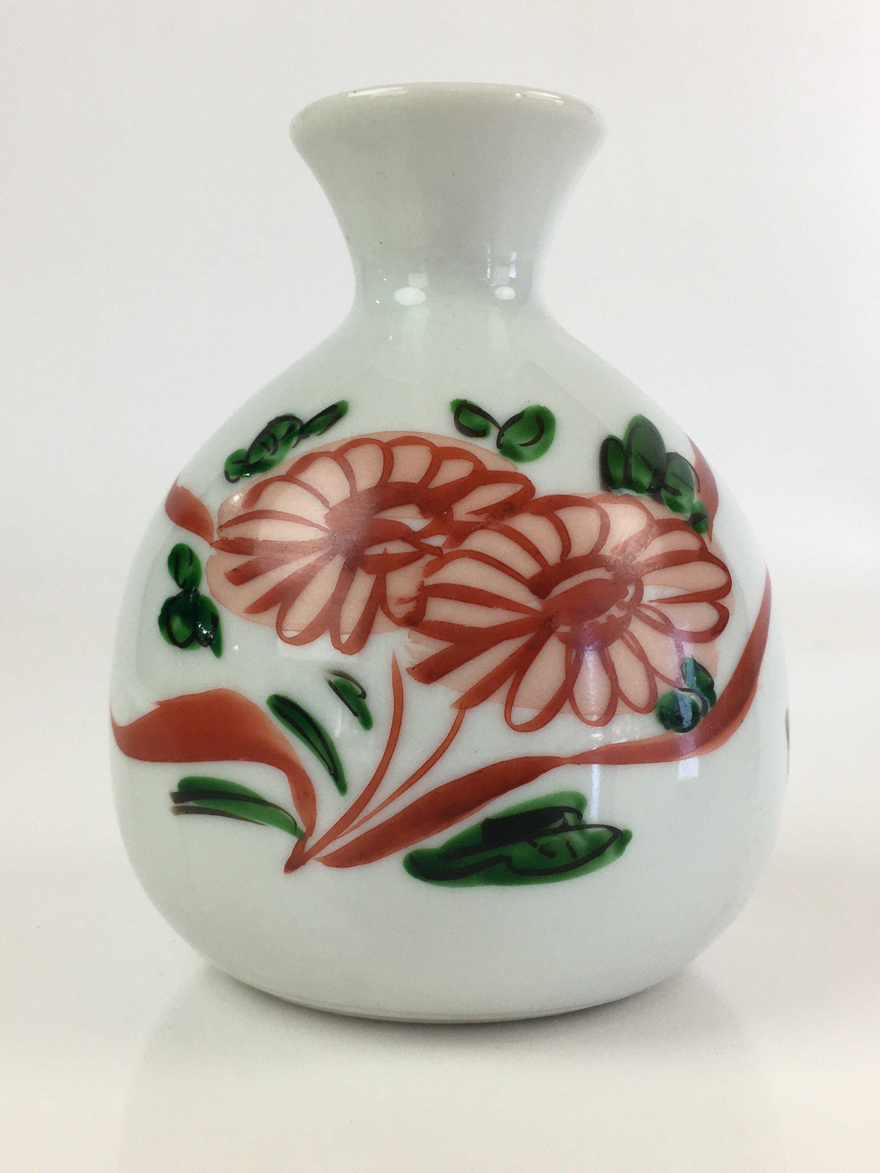 Japanese Porcelain Sake Bottle Vtg Hand Painted Flower Tokkuri White TS432
