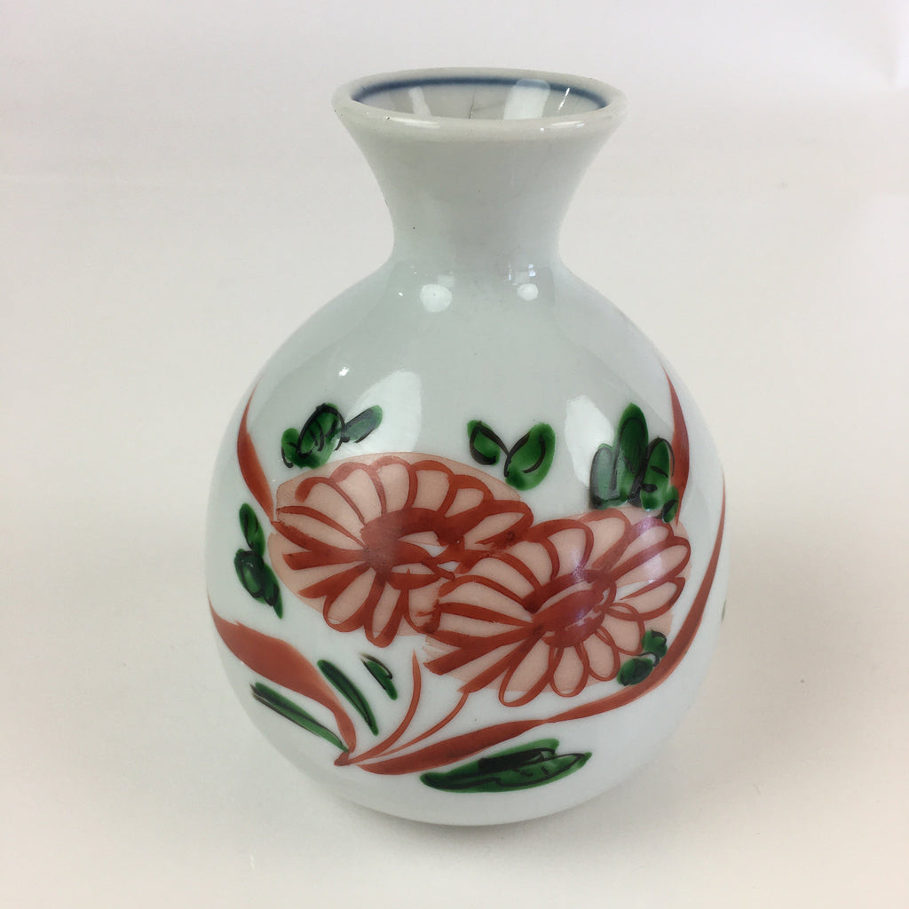 Japanese Porcelain Sake Bottle Vtg Hand Painted Flower Tokkuri White TS432