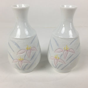 Japanese Porcelain Sake Cup Bottle Set Iris Floral Guinomi Tokkuri White PX589