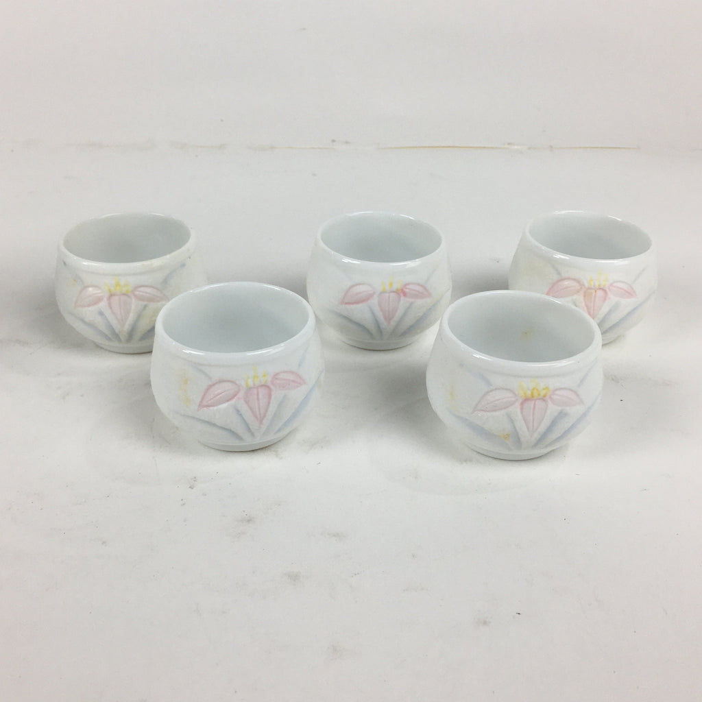 Japanese Porcelain Sake Cup Bottle Set Iris Floral Guinomi Tokkuri White PX589