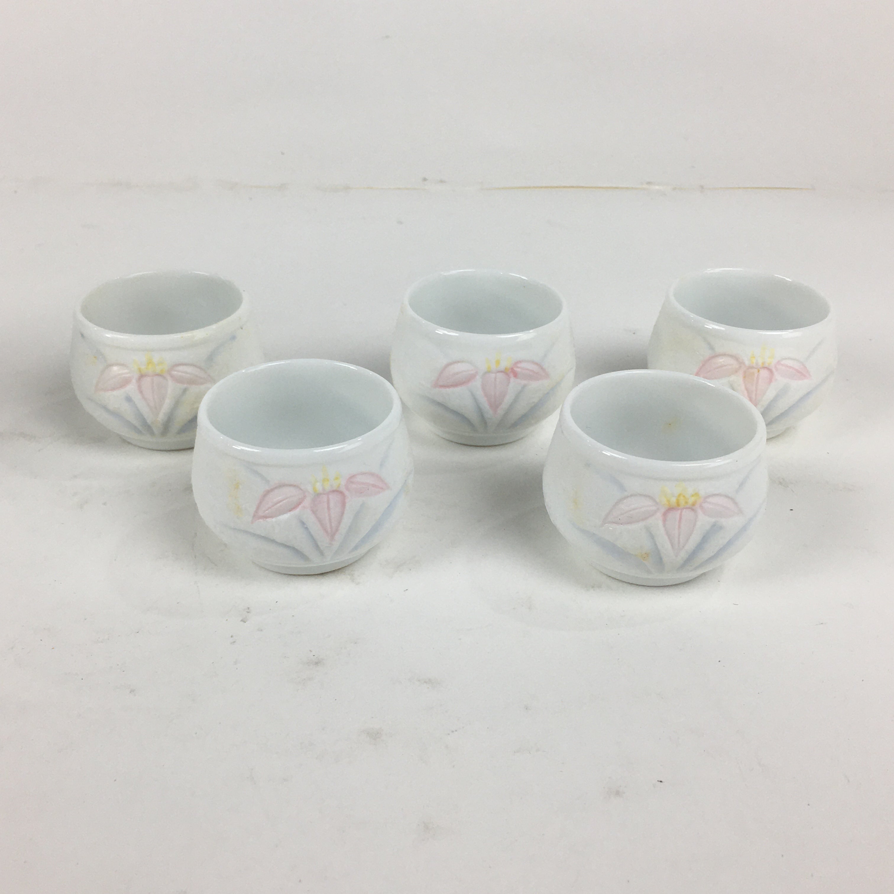Japanese Porcelain Sake Cup Bottle Set Iris Floral Guinomi Tokkuri White PX589