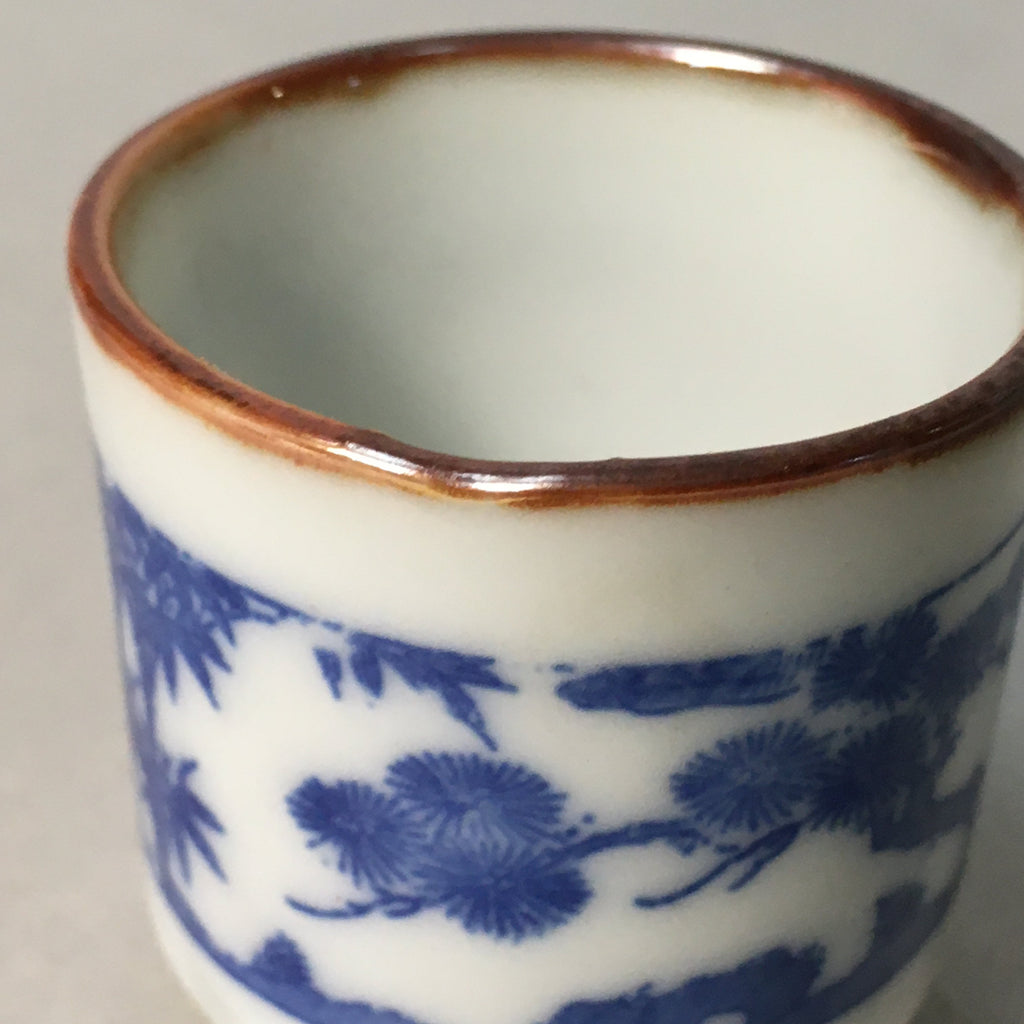 Japanese Porcelain Sake Cup Guinomi Sakazuki Vtg Blue White Lucky Plants GU759