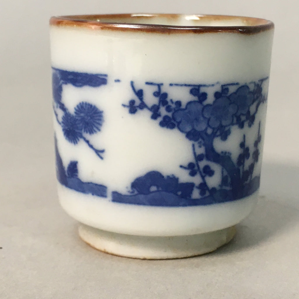 Japanese Porcelain Sake Cup Guinomi Sakazuki Vtg Blue White Lucky Plants GU760