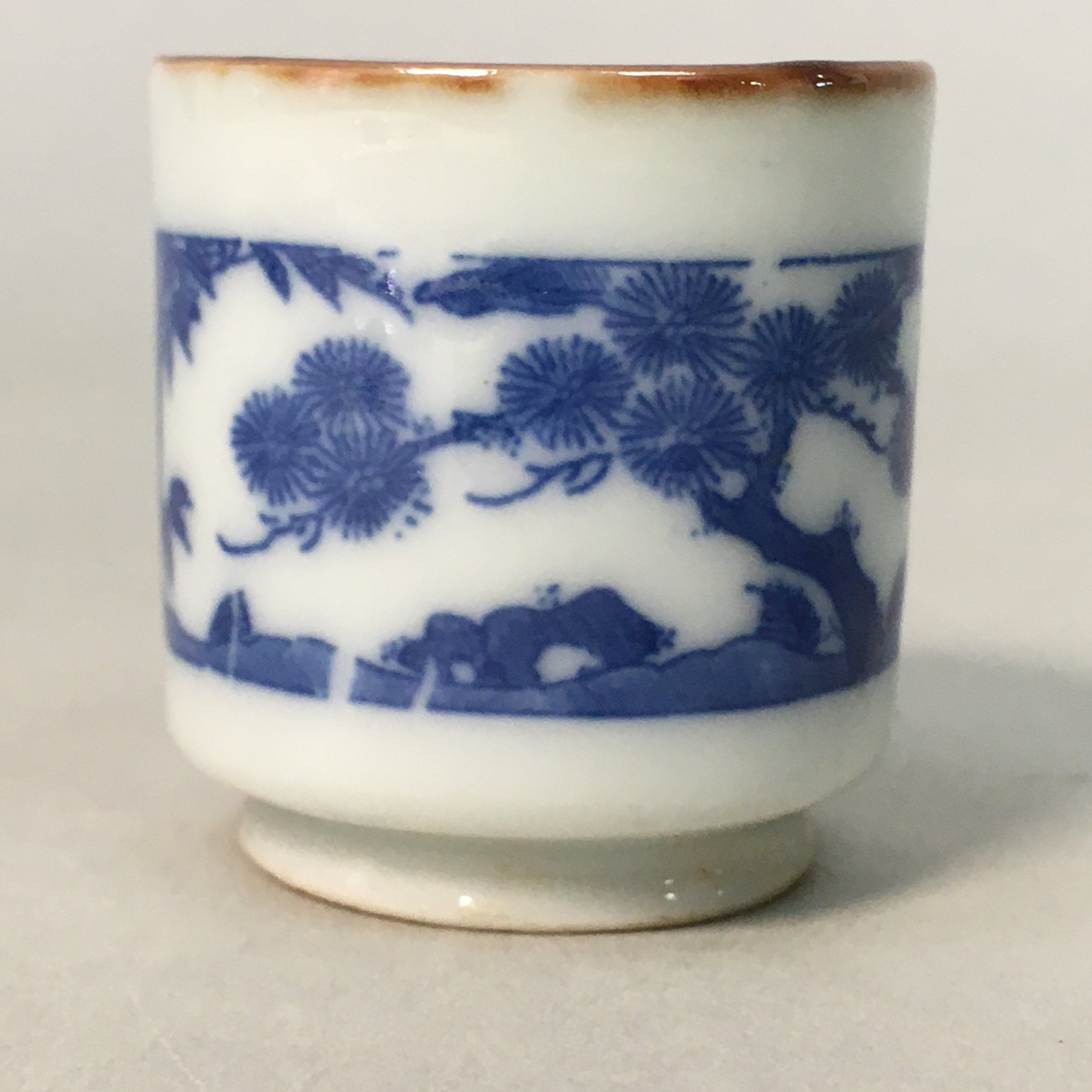 Japanese Porcelain Sake Cup Guinomi Sakazuki Vtg Blue White Lucky Plants GU760