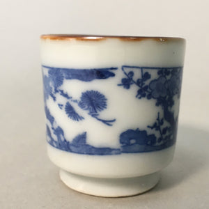 Japanese Porcelain Sake Cup Guinomi Sakazuki Vtg Blue White Lucky Plants GU761