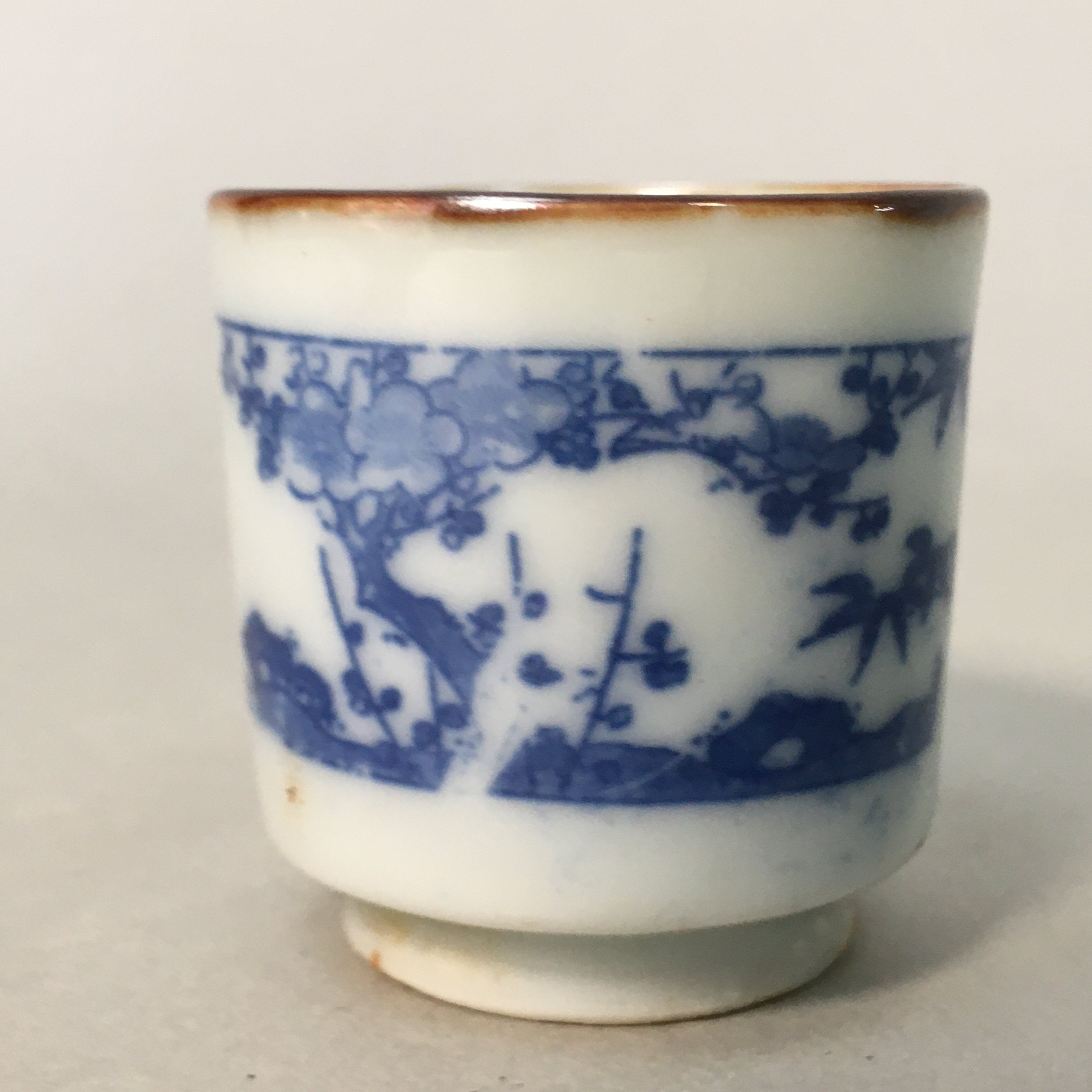 Japanese Porcelain Sake Cup Guinomi Sakazuki Vtg Blue White Lucky Plants GU762