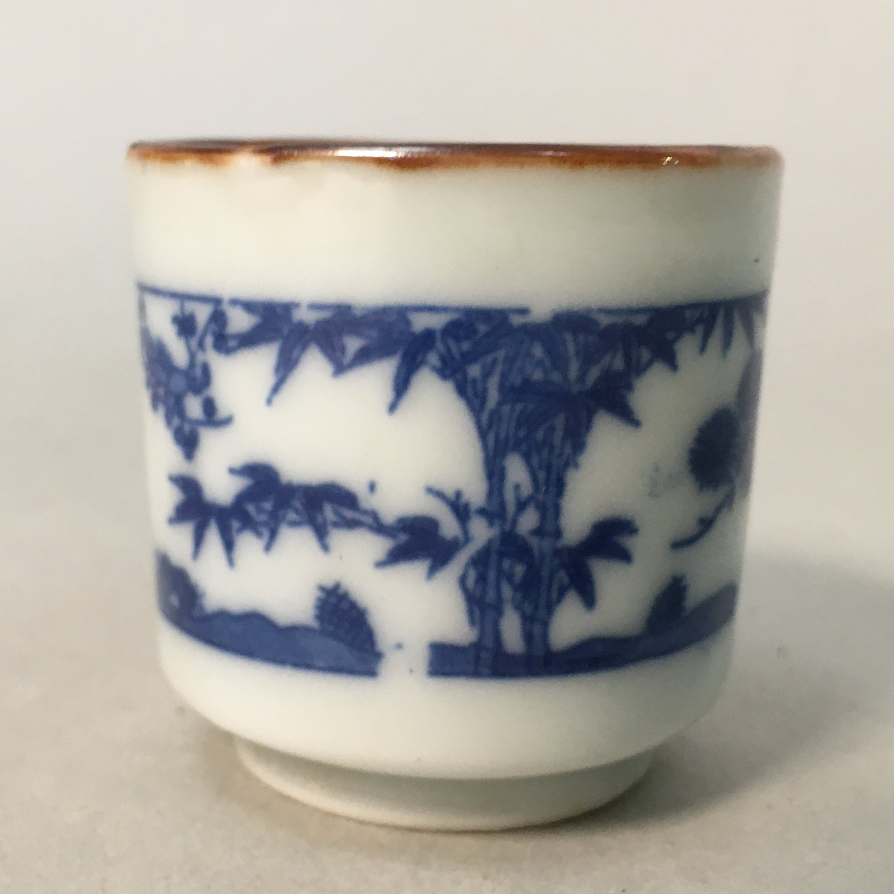 Japanese Porcelain Sake Cup Guinomi Sakazuki Vtg Blue White Lucky Plants GU763