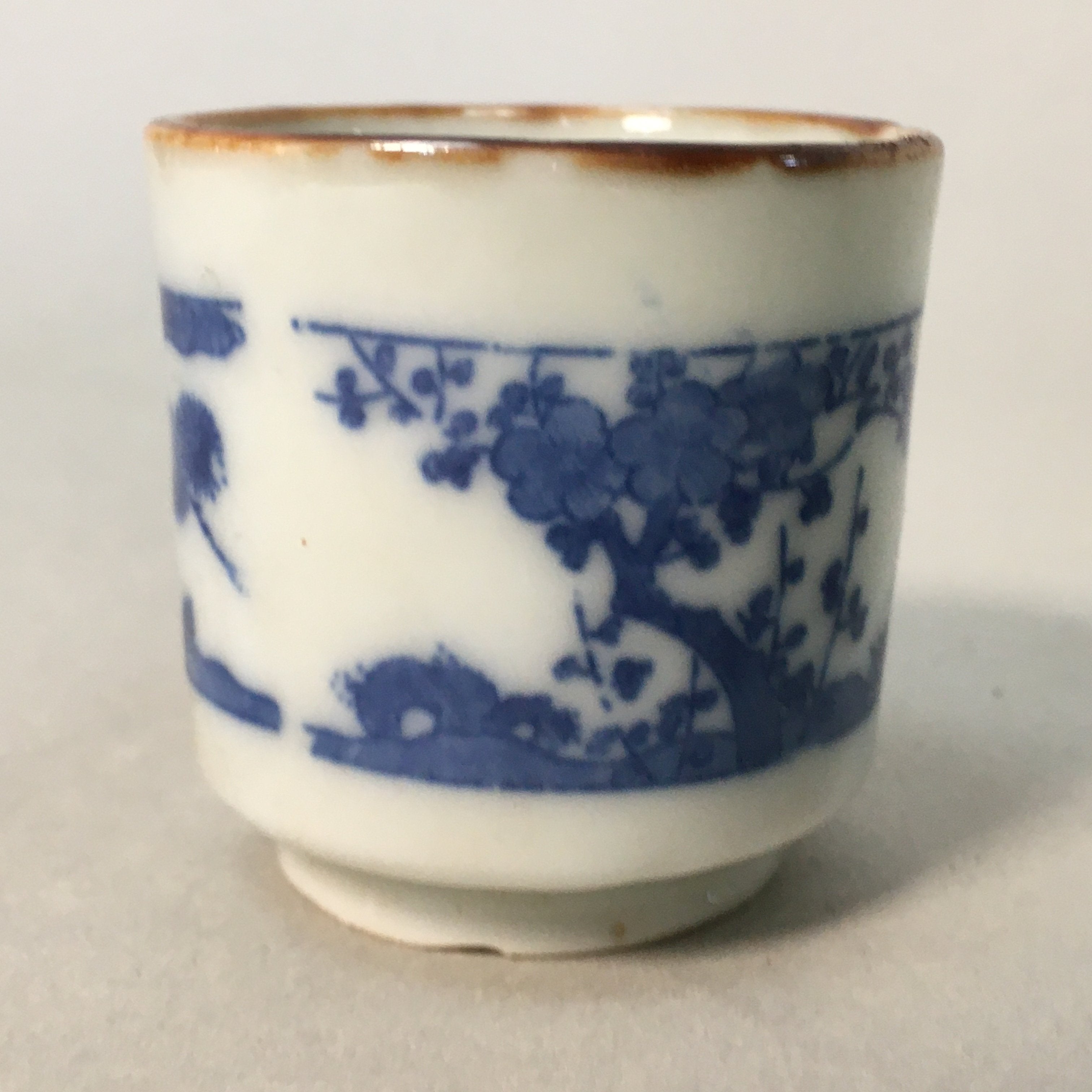 Japanese Porcelain Sake Cup Guinomi Sakazuki Vtg Blue White Lucky Plants GU763