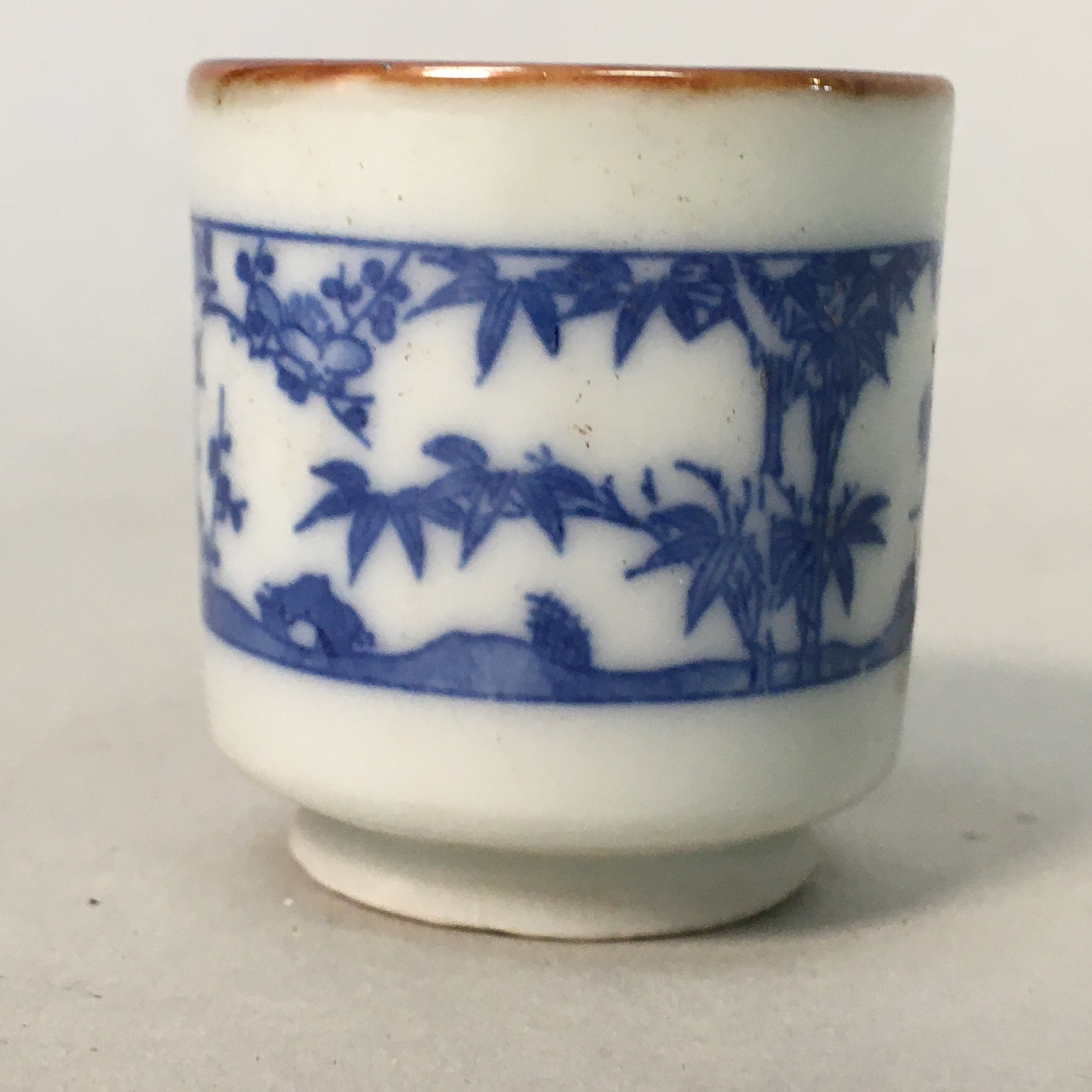 Japanese Porcelain Sake Cup Guinomi Sakazuki Vtg Blue White Lucky Plants GU767