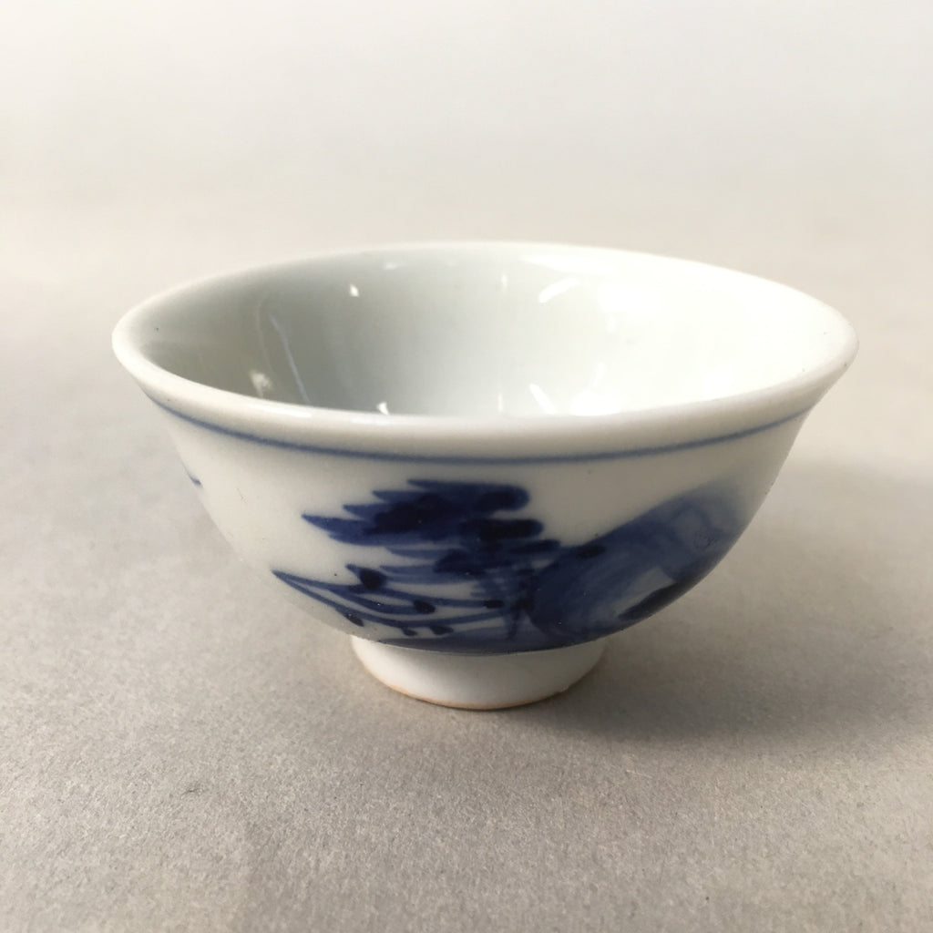 Japanese Porcelain Sake Cup Guinomi Sakazuki Vtg Blue White Mountain GU874