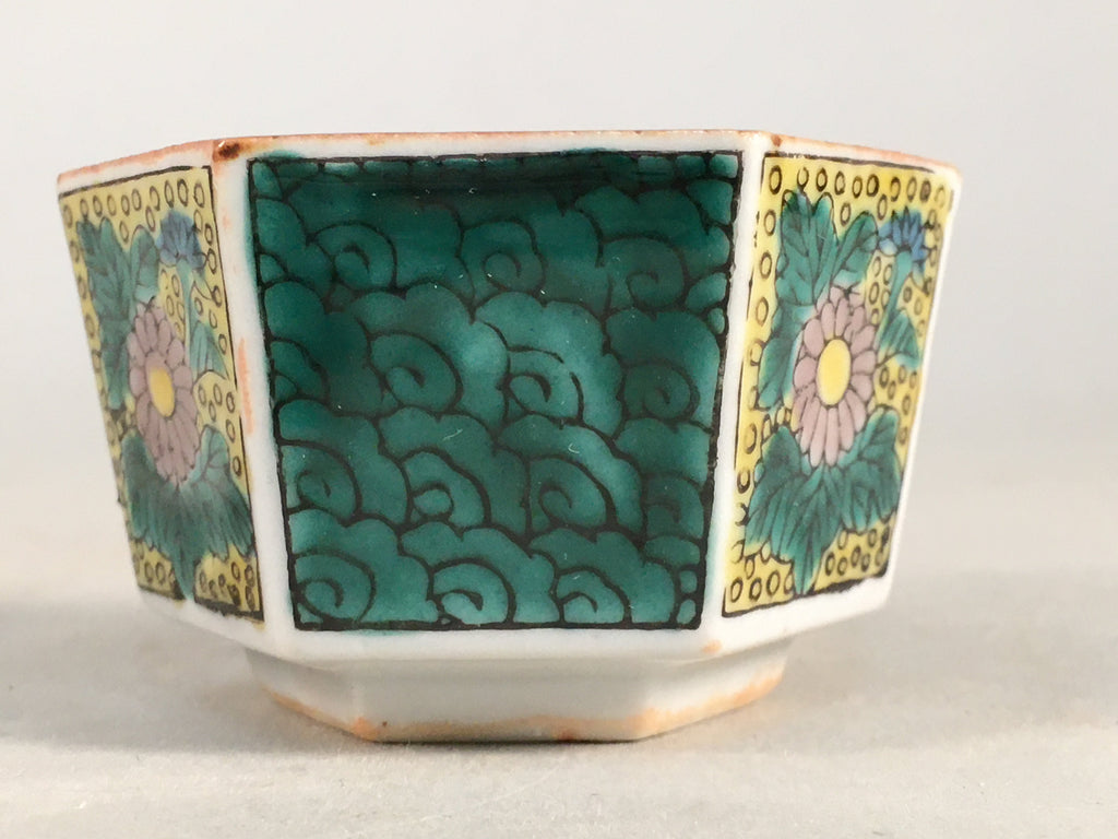 Japanese Porcelain Sake Cup Guinomi Sakazuki Vtg Hexagon Floral Green GU817