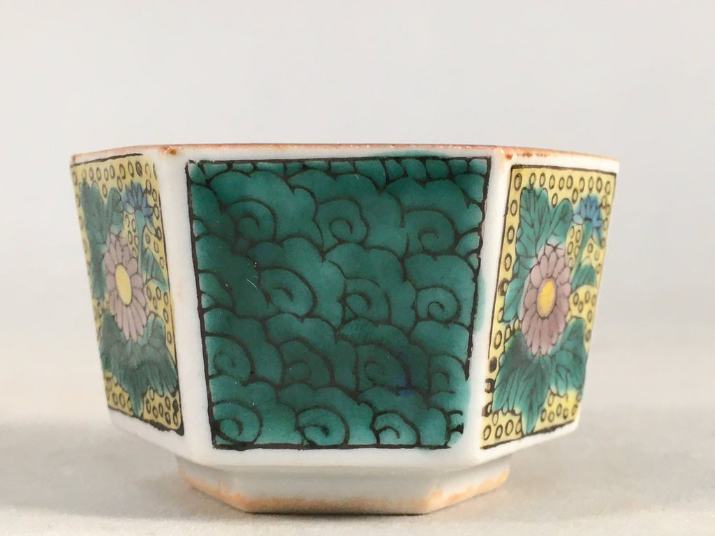 Japanese Porcelain Sake Cup Guinomi Sakazuki Vtg Hexagon Floral Green GU817