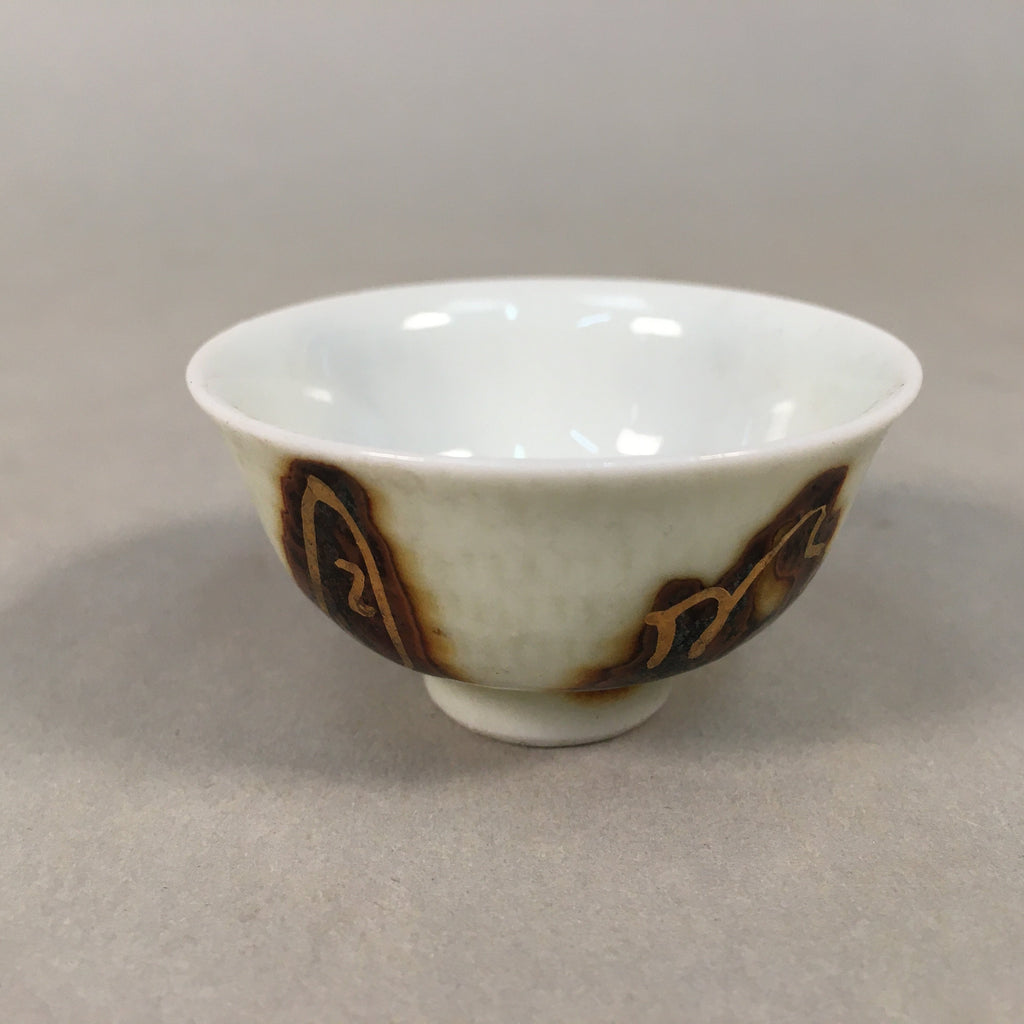 Japanese Porcelain Sake Cup Guinomi Sakazuki Vtg Kanji White Brown Gold GU883