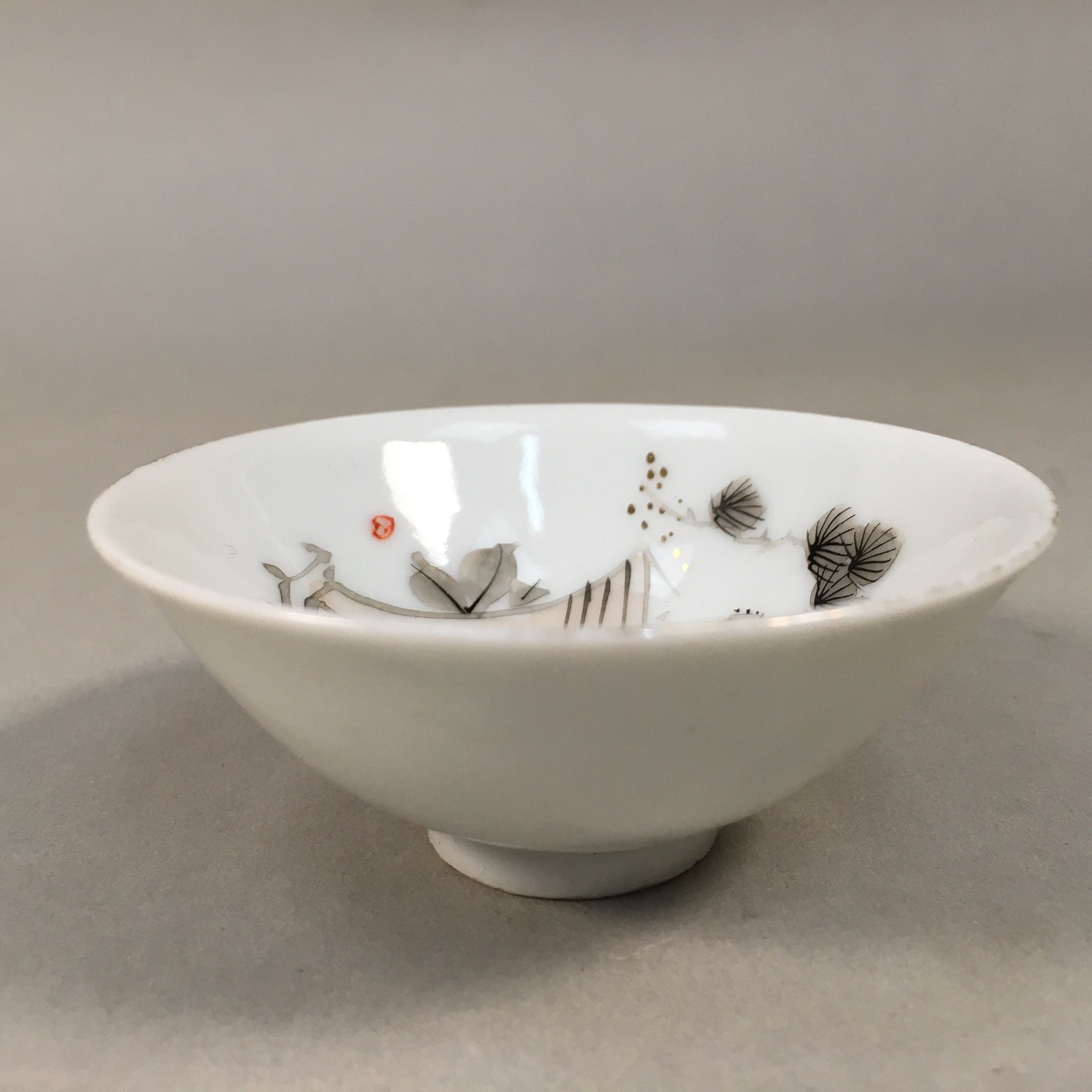 Japanese Porcelain Sake Cup Guinomi Sakazuki Vtg Pine Tree Plum Blossom GU854