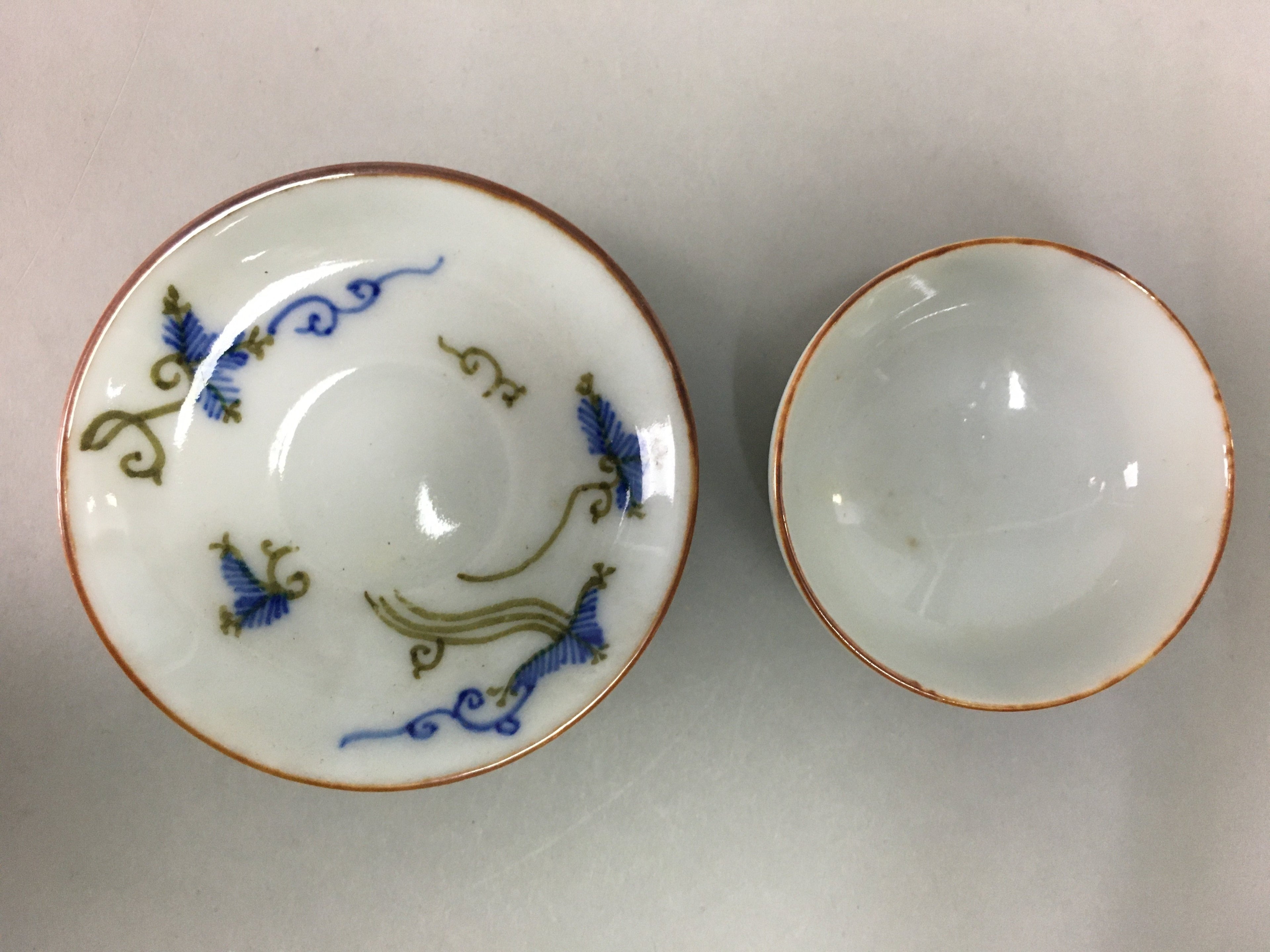Japanese Porcelain Sake Cup Saucer Set Vtg Guinomi Sakazuki Pine White PP56