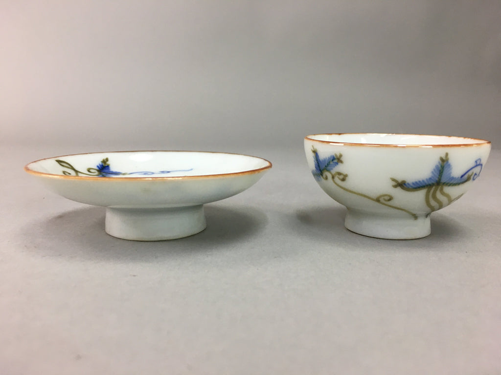 Japanese Porcelain Sake Cup Saucer Set Vtg Guinomi Sakazuki Pine White PP56