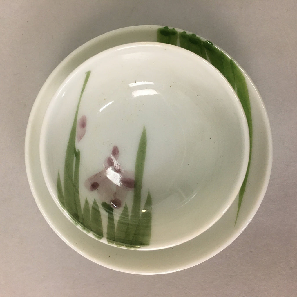 Japanese Porcelain Sake Cup Saucer Set Vtg Guinomi Sakazuki White Floral PP49