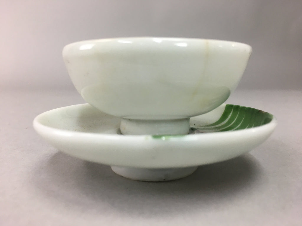 Japanese Porcelain Sake Cup Saucer Set Vtg Guinomi Sakazuki White Floral PP51