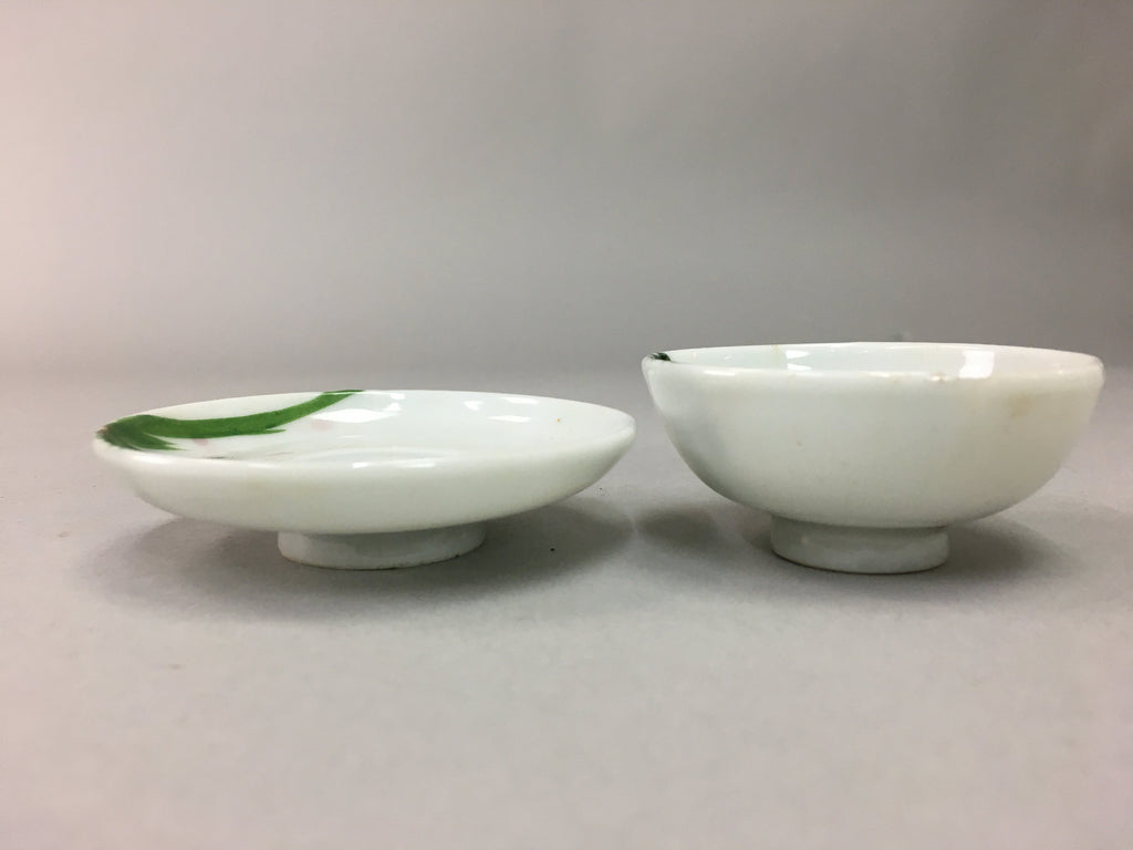 Japanese Porcelain Sake Cup Saucer Set Vtg Guinomi Sakazuki White Floral PP51