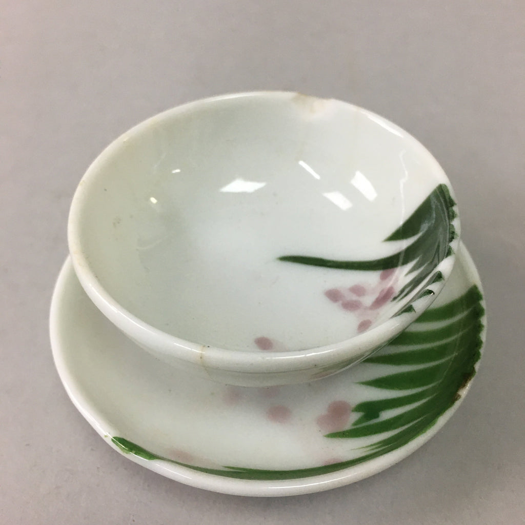 Japanese Porcelain Sake Cup Saucer Set Vtg Guinomi Sakazuki White Floral PP51