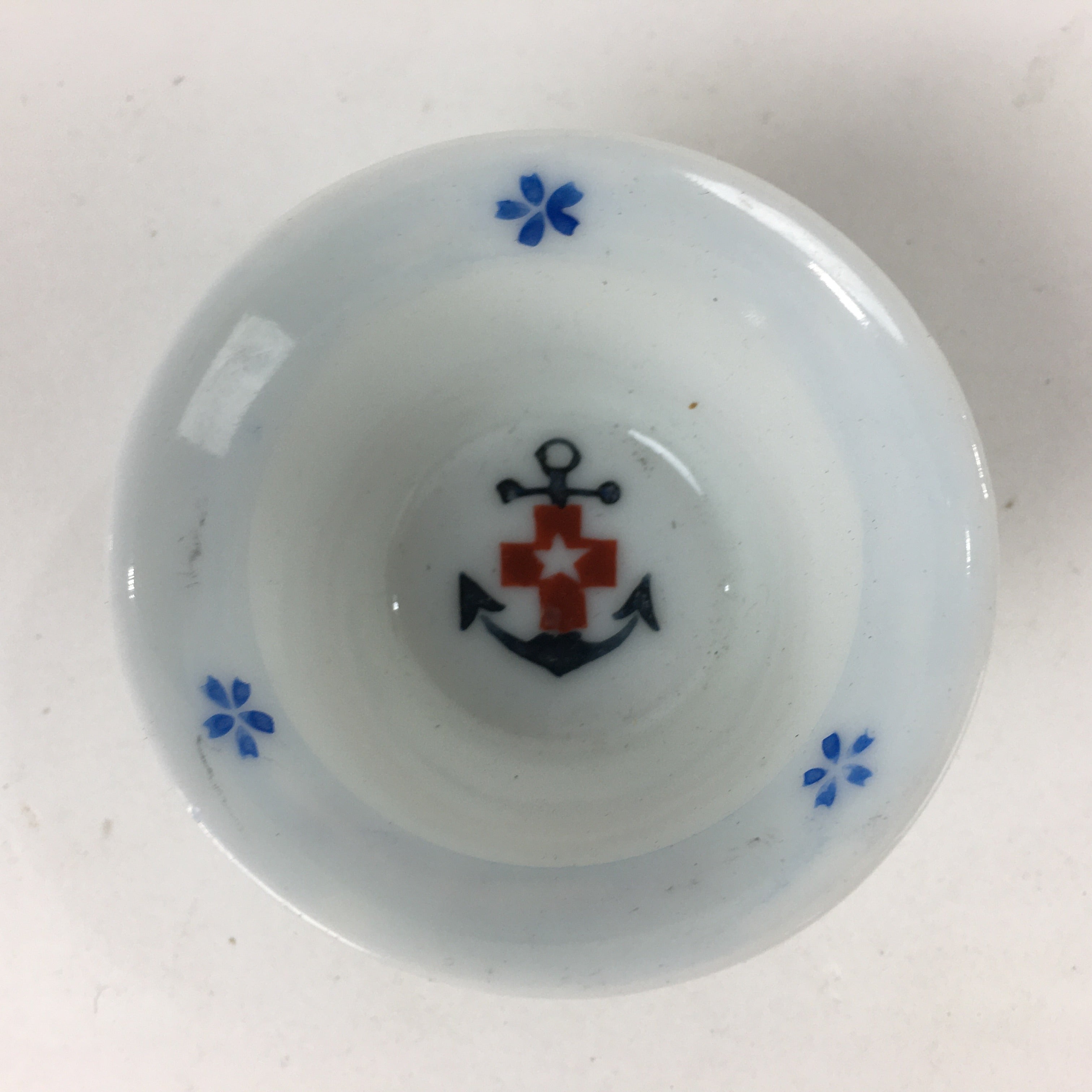 Japanese Porcelain Sake Cup Vtg Blue Red Cross White Guinomi Ochoko G30