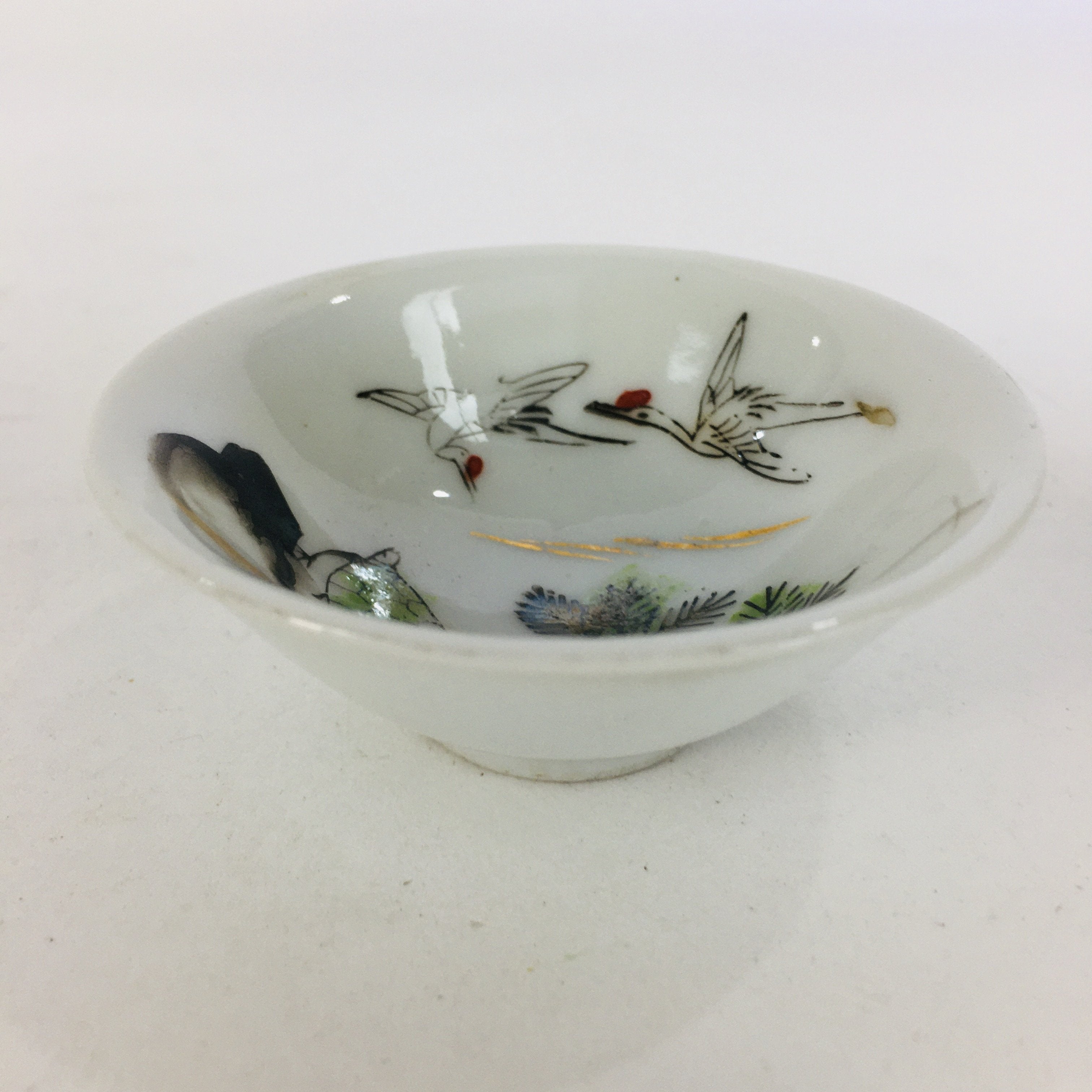 Japanese Porcelain Sake Cup Vtg Guinomi Ochoko Crane Turtle Pine Design GU947