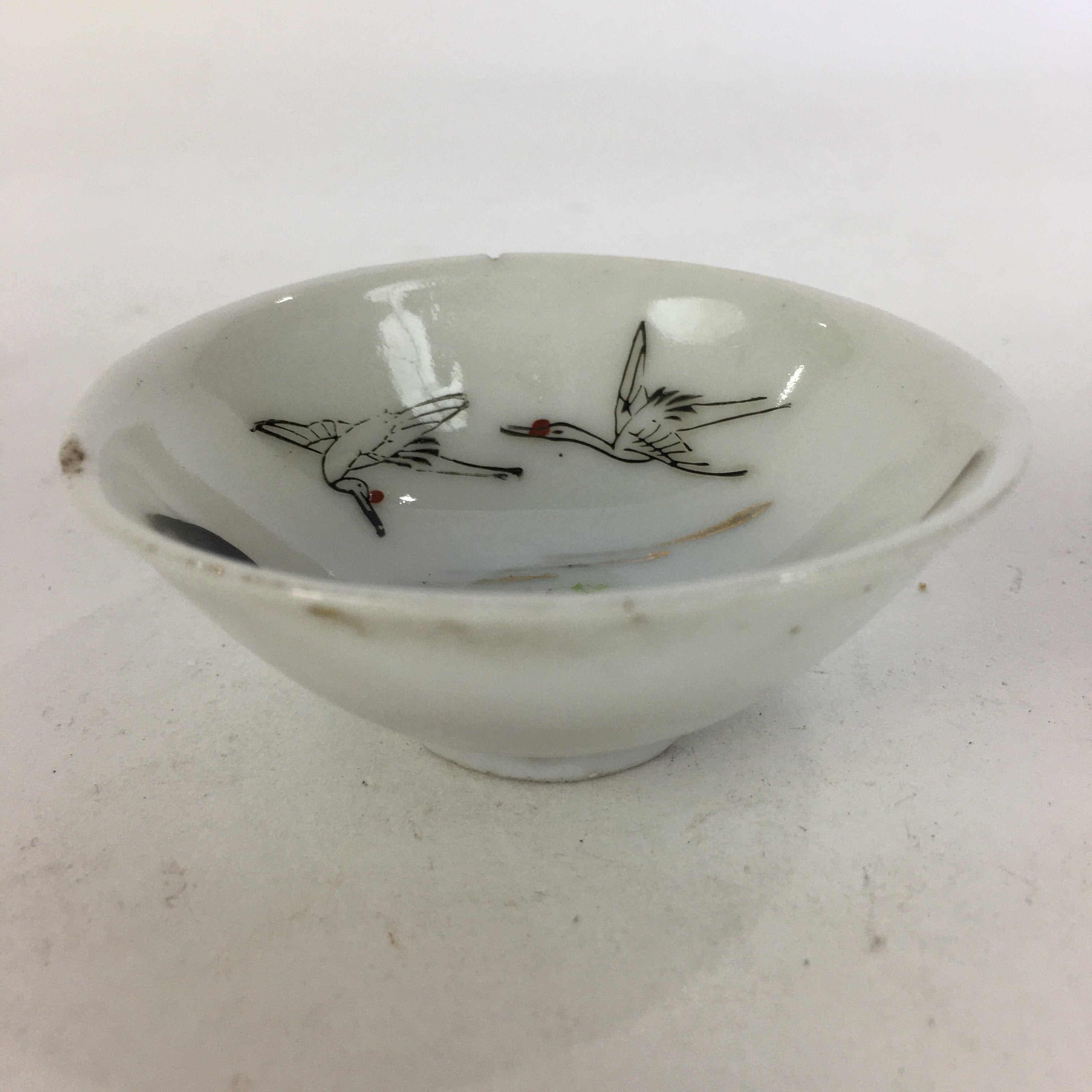 Japanese Porcelain Sake Cup Vtg Guinomi Ochoko Crane Turtle Pine Design GU955