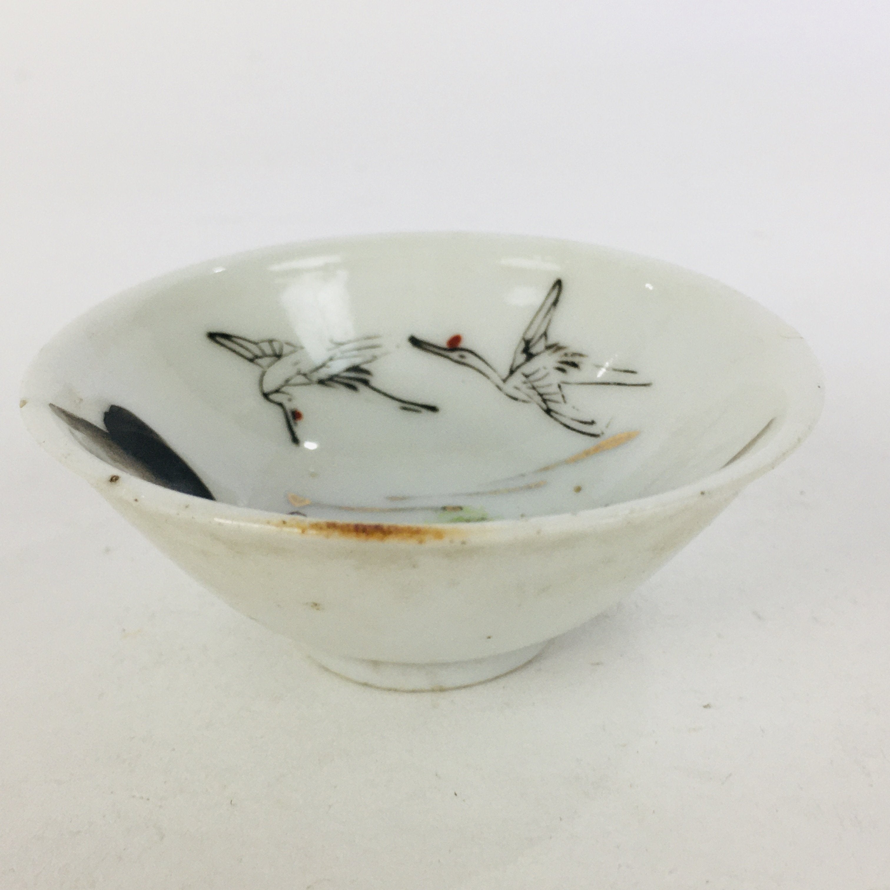 Japanese Porcelain Sake Cup Vtg Guinomi Ochoko Crane Turtle Pine Design GU958