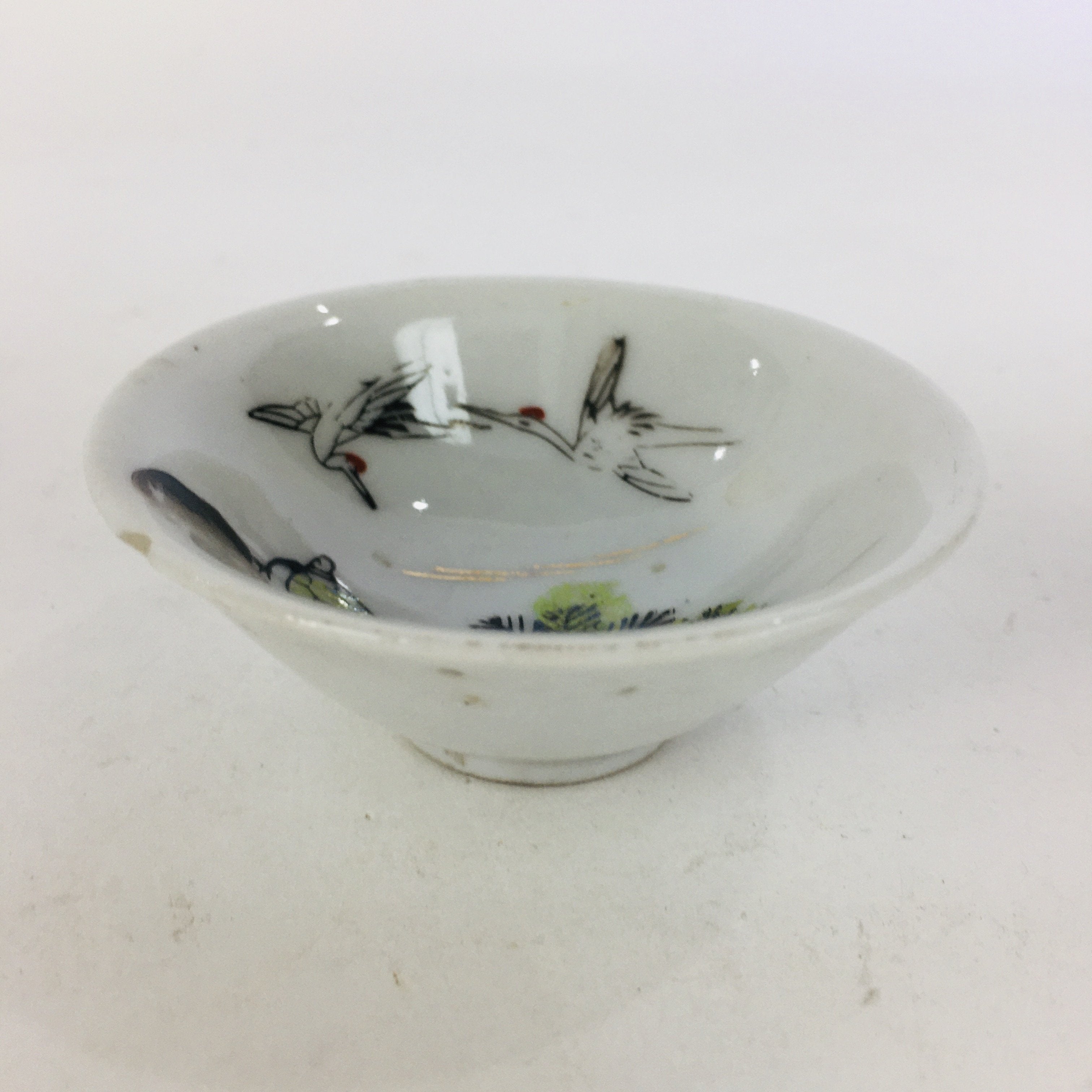Japanese Porcelain Sake Cup Vtg Guinomi Ochoko Crane Turtle Pine Design GU964