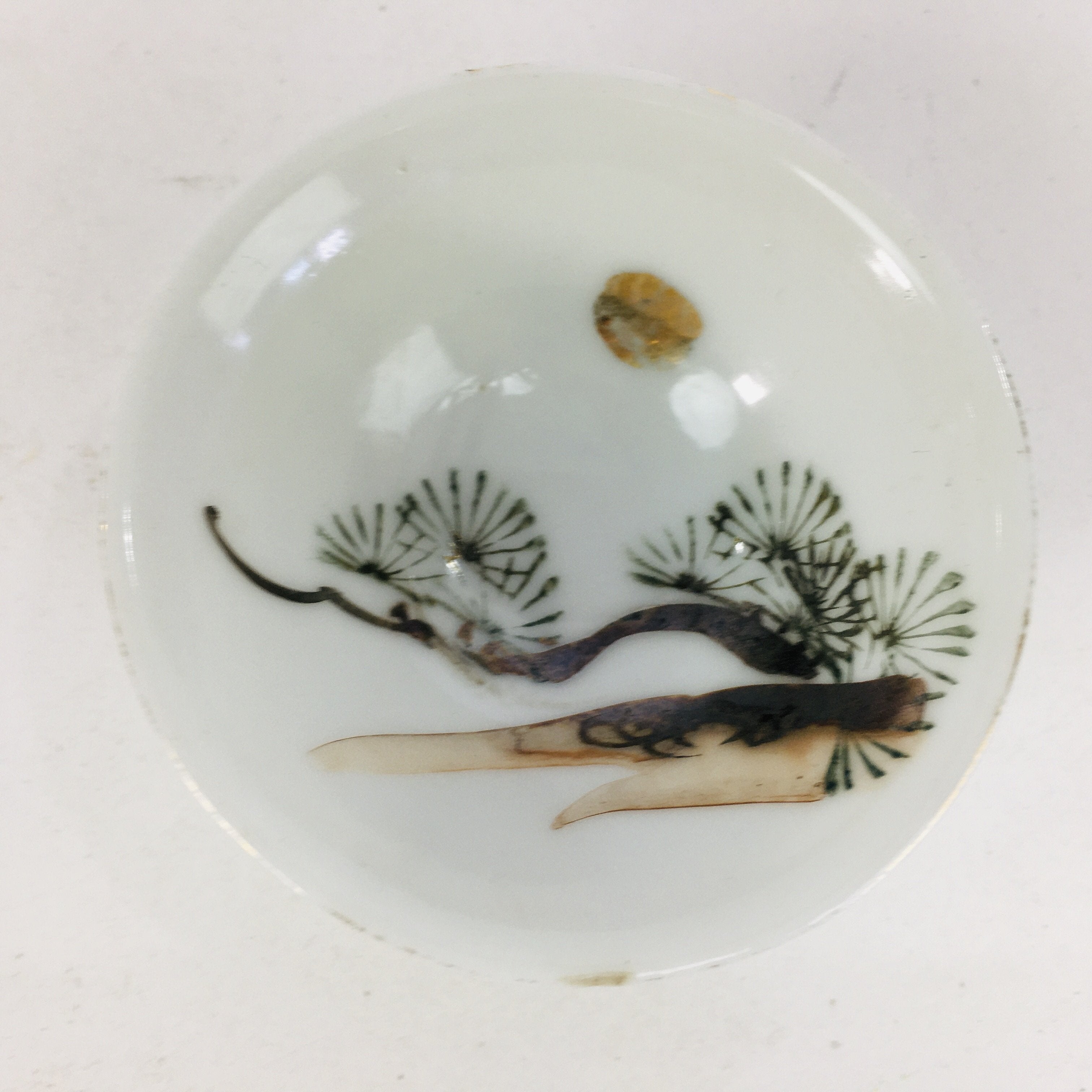 Japanese Porcelain Sake Cup Vtg Guinomi Ochoko Pine Tree Golden Sun GU949