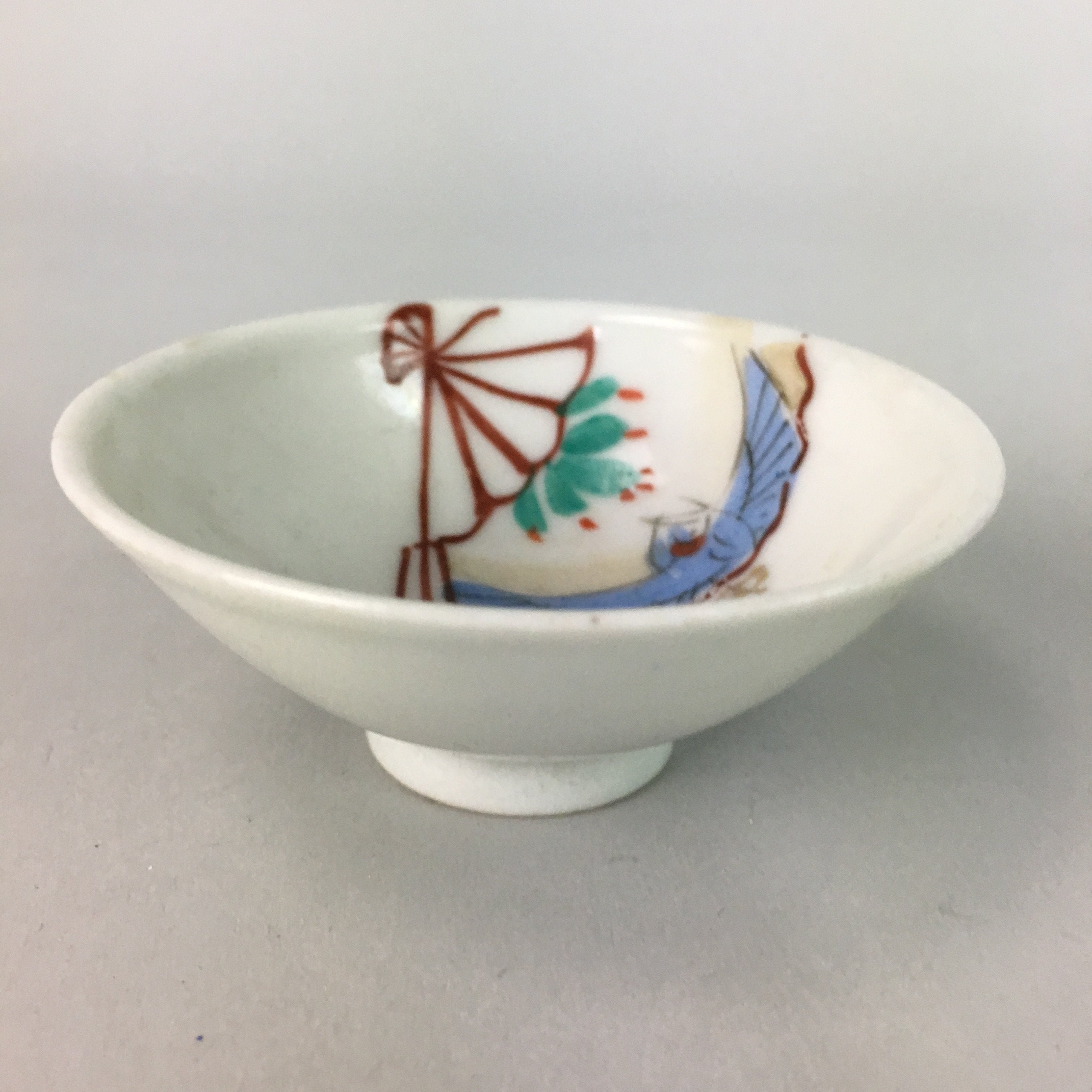 Japanese Porcelain Sake Cup Vtg Guinomi Sakazuki Folding Fan Design GU451