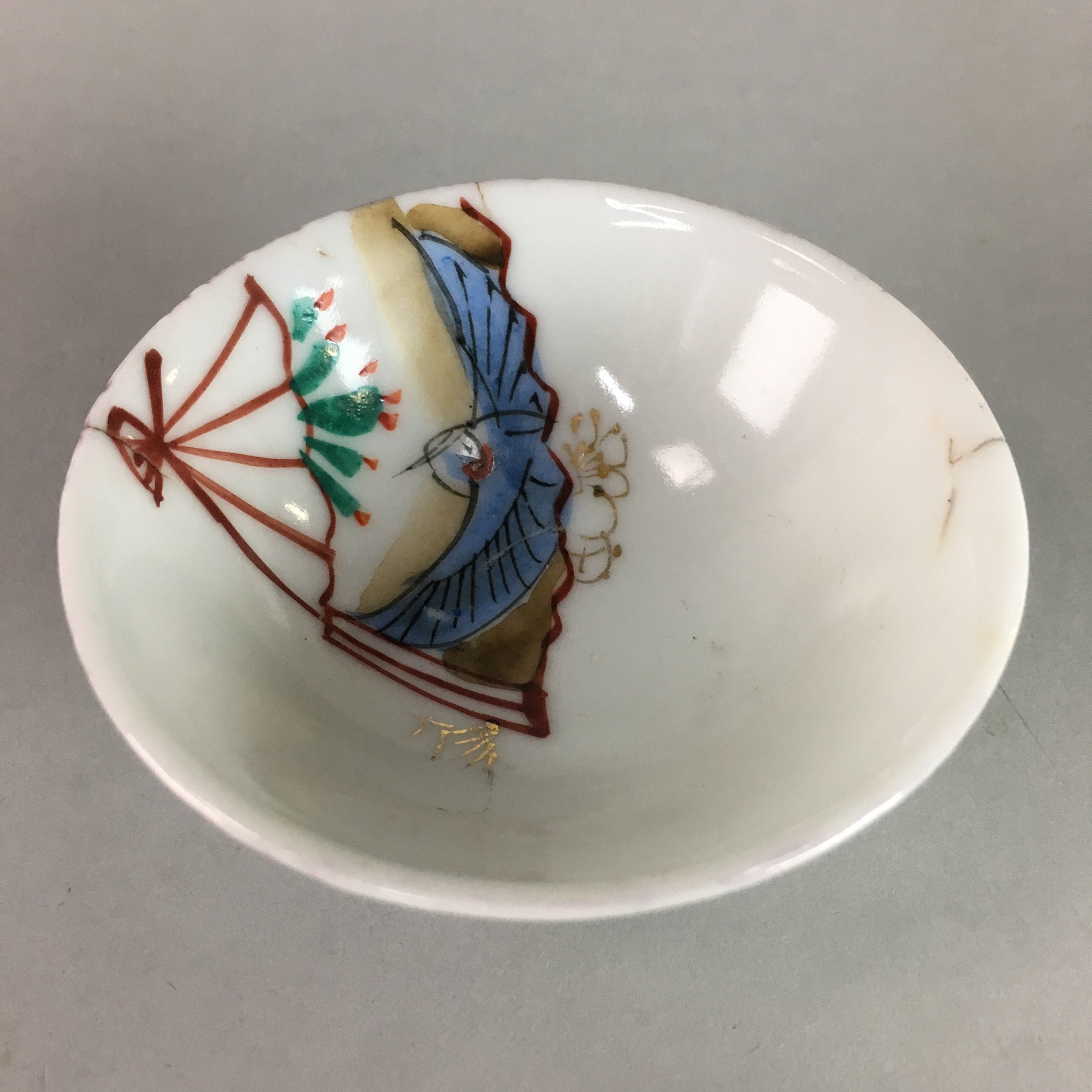 Japanese Porcelain Sake Cup Vtg Guinomi Sakazuki Folding Fan Design GU618