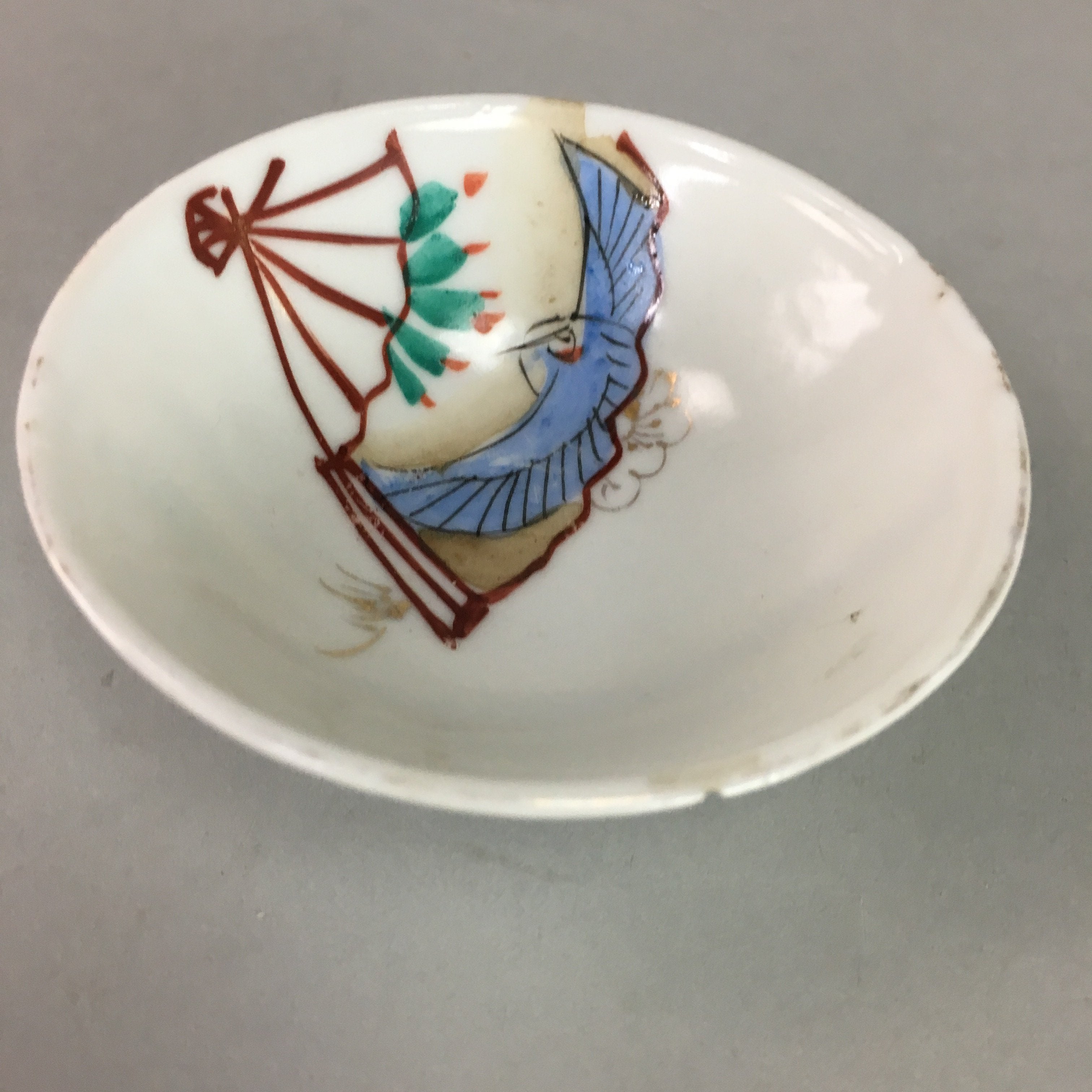Japanese Porcelain Sake Cup Vtg Guinomi Sakazuki Folding Fan Design GU619