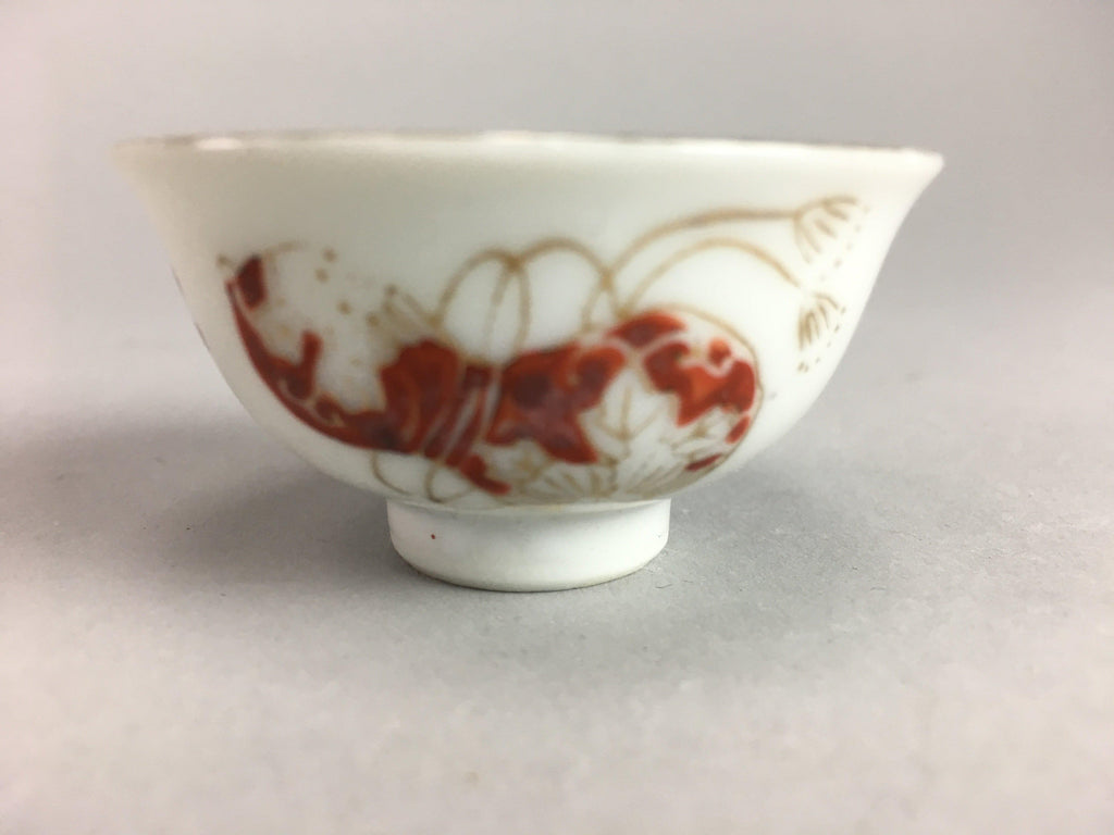 Japanese Porcelain Sake Cup Vtg Guinomi White Red Gold Painting Flower GU360