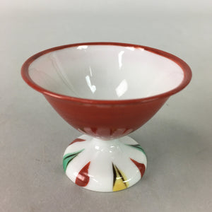Japanese Porcelain Sake Cup Vtg Legged Guinomi Sakazuki Red White QT65