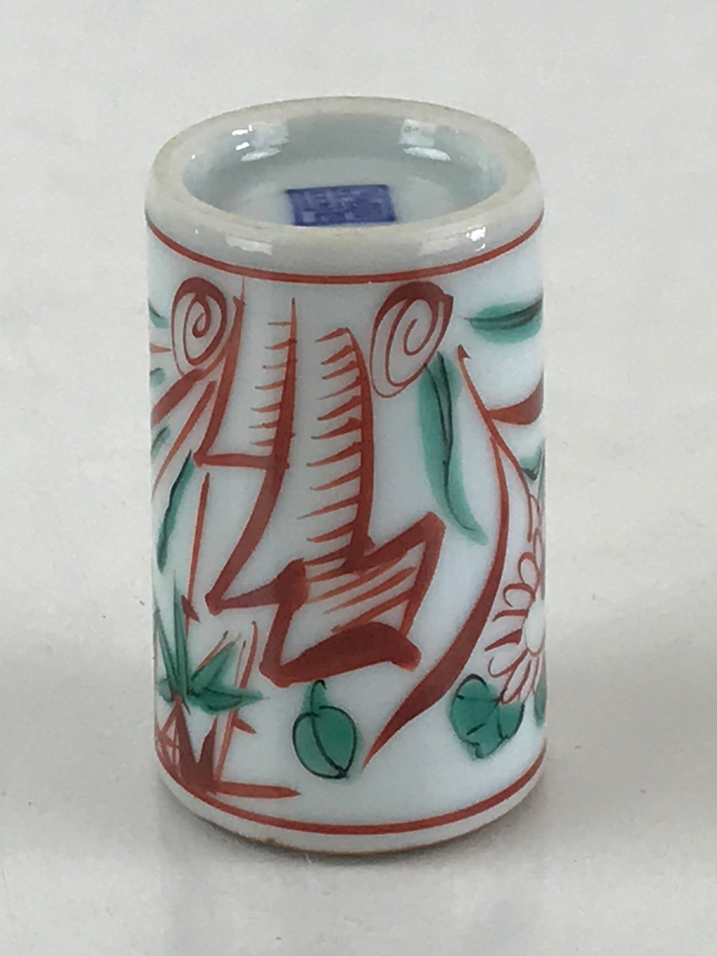 Japanese Porcelain Sake Cup Vtg Red Green Bamboo Guinomi Ochoko White G62