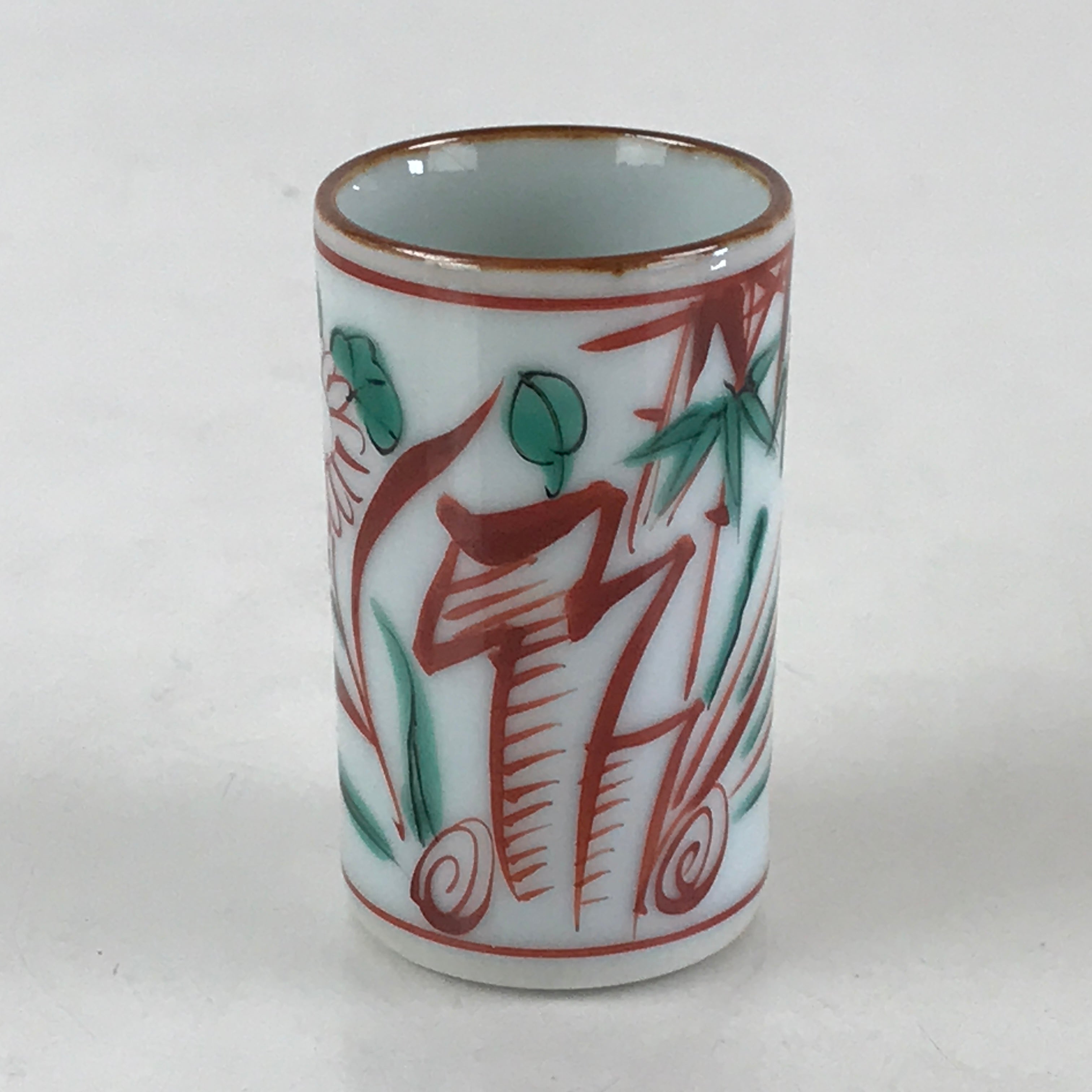 Japanese Porcelain Sake Cup Vtg Red Green Bamboo Guinomi Ochoko White G62