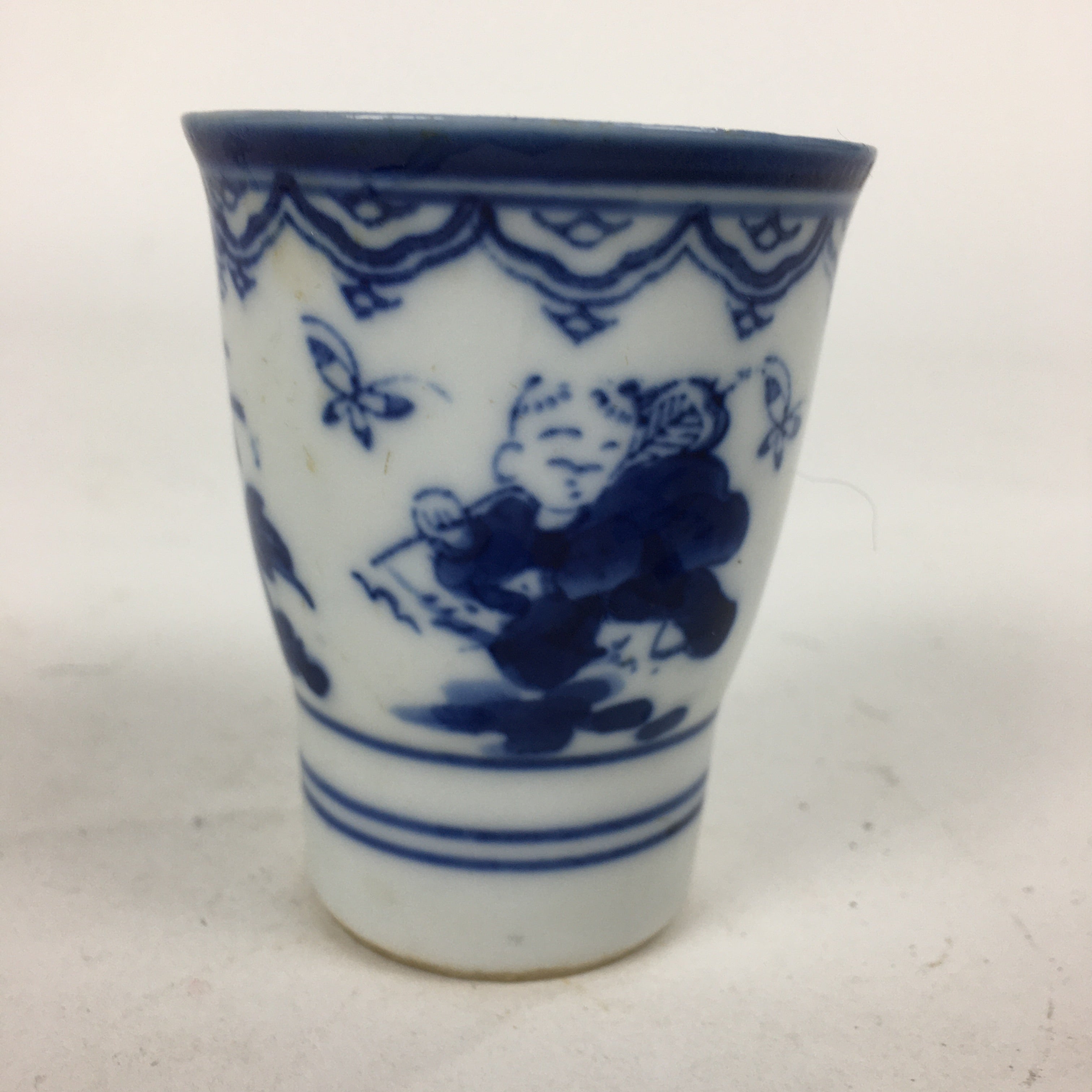 Japanese Porcelain Sake Cup Vtg Sometsuke Blue Children Guinomi Ochoko G8